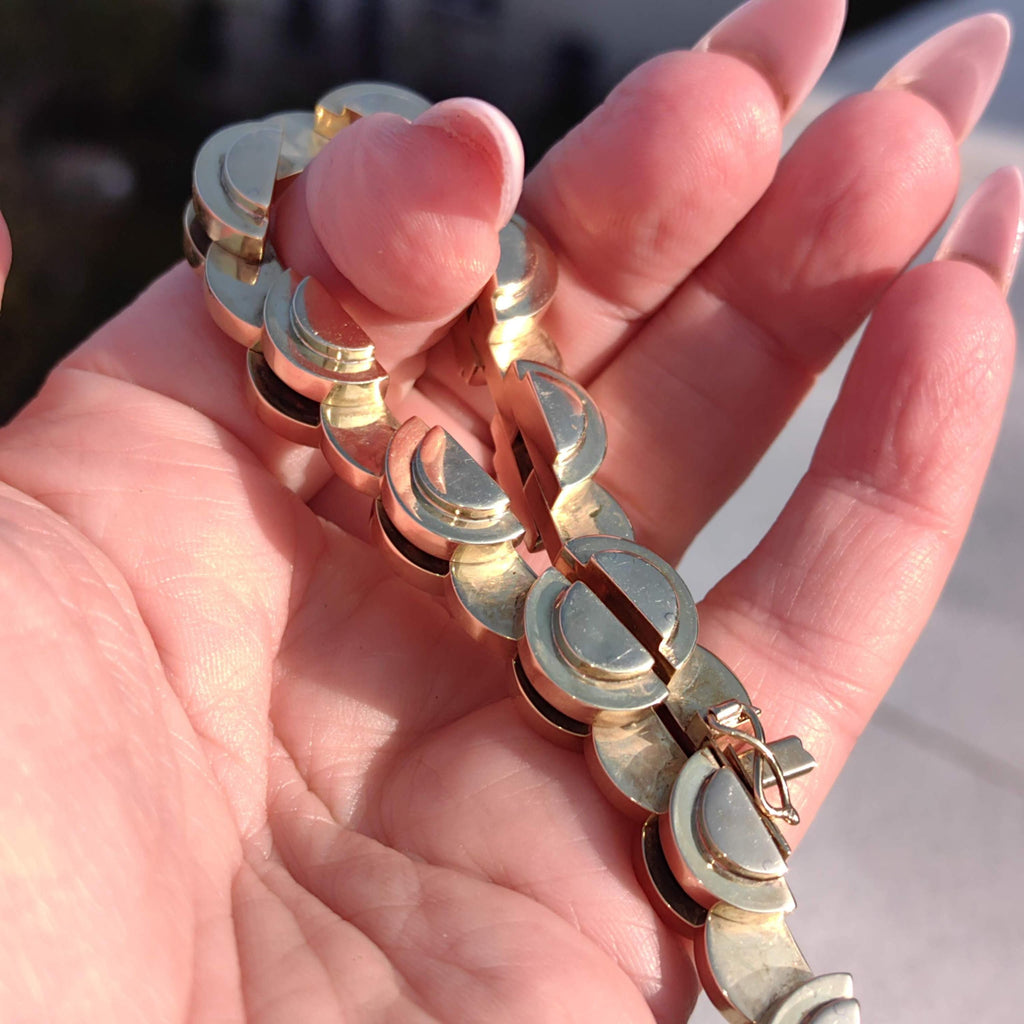Art Deco 14k Gold Geometric Link Bracelet - 21cm Handmade Statement