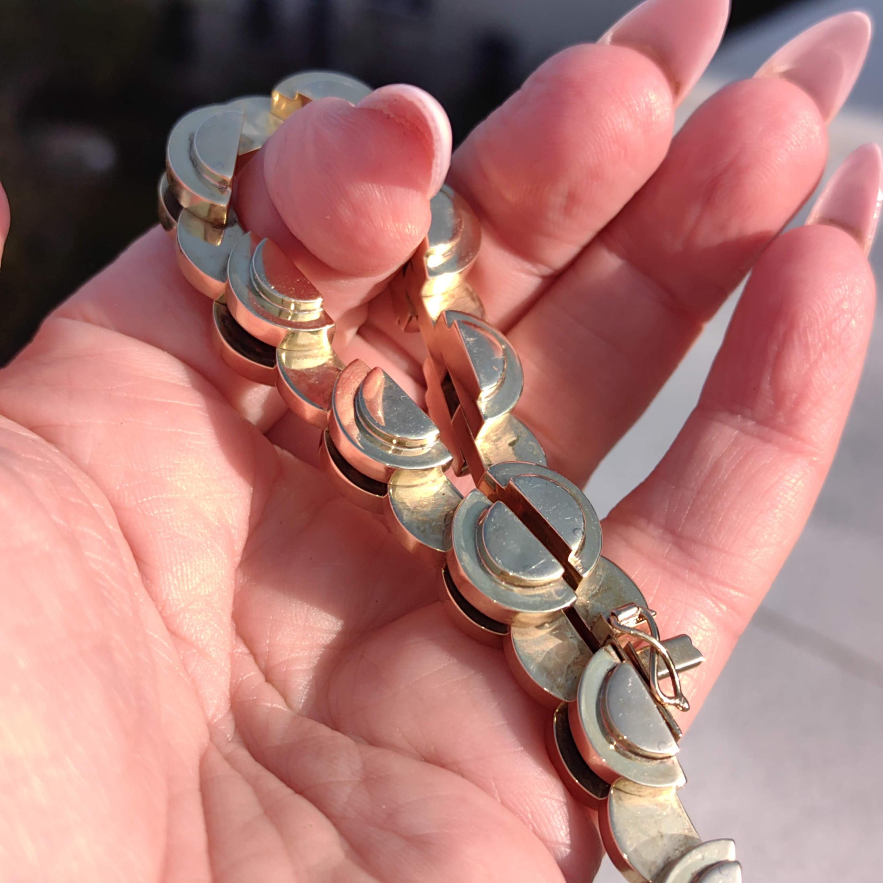 Art Deco 14k Gold Geometric Link Bracelet - 21cm Handmade Statement