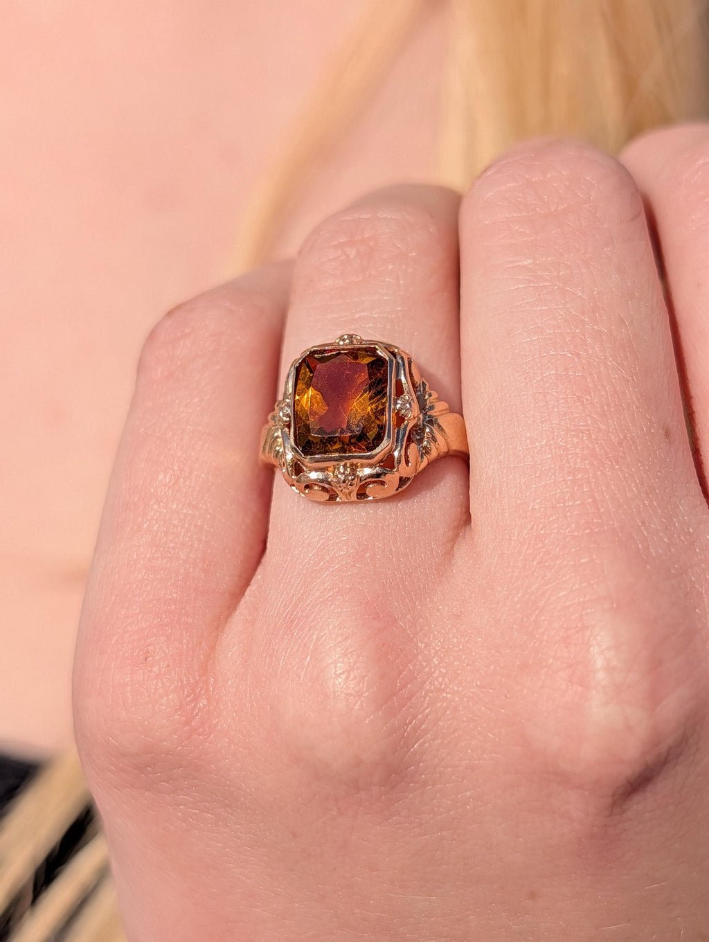 Mid Century Art Deco Style  Citrine Solid 14k Hallmarked Yellow Gold Statement Solitaire Emerald Cut Ring, Unisex Yellow Stone Ring Gift