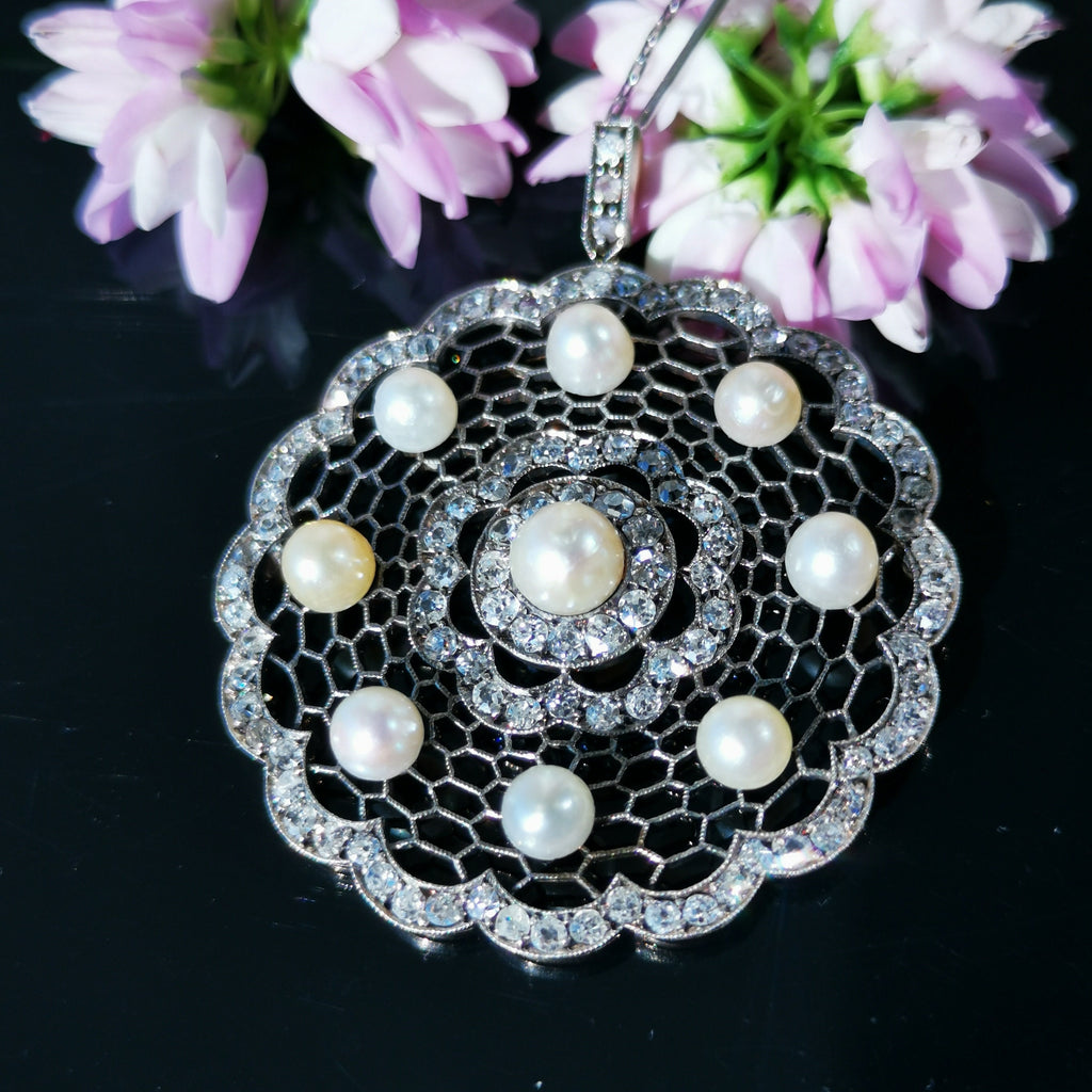 Edwardian 14K Solid Gold Natural Diamond Pearl Statement large Pendant  Antique Art Deco Filigree Handmade Gift for Her