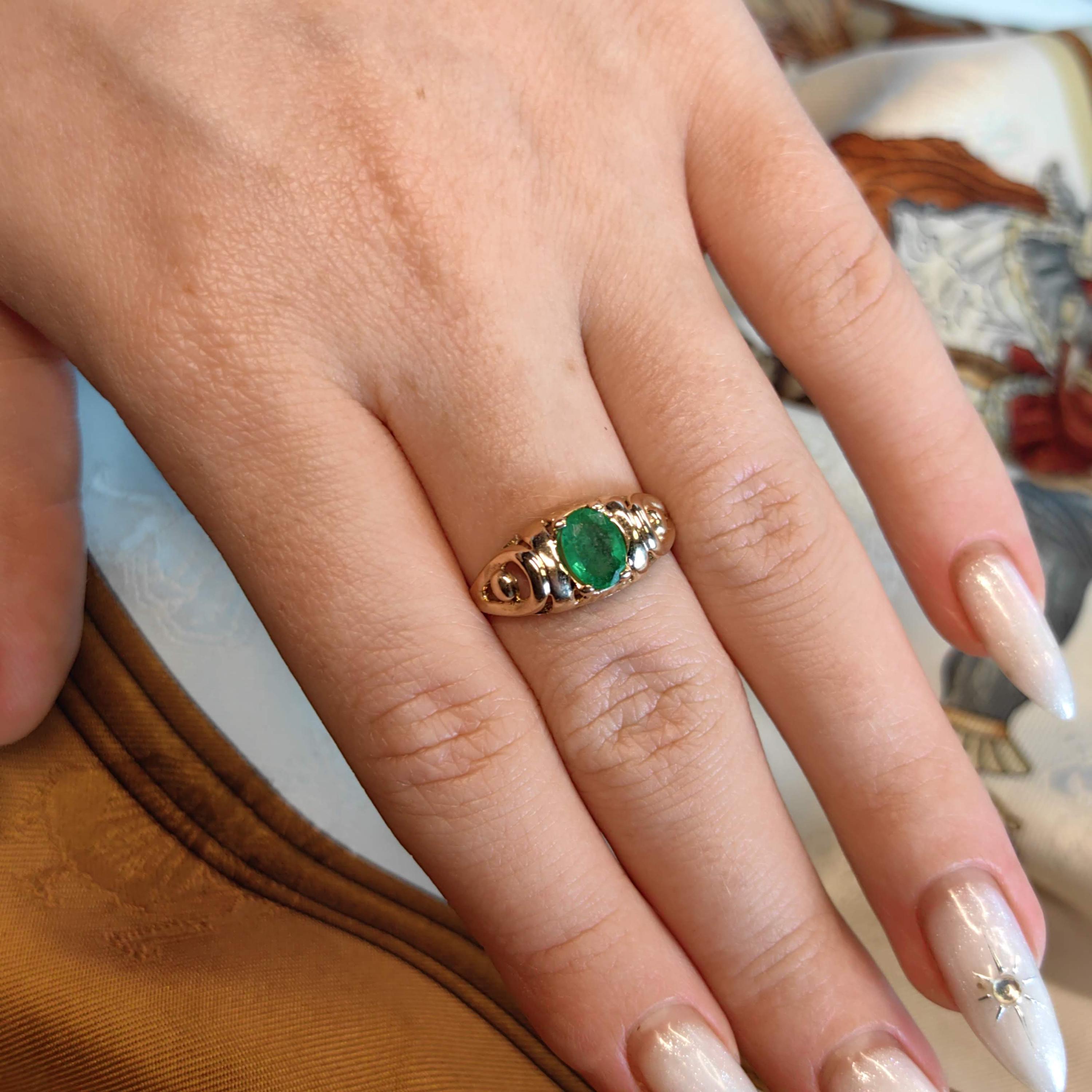 Art Nouveau 1900s Emerald Hallmarked 14k 585 Solid Yellow Rose Gold Antique Vintage Oval Natural Stone Band Solitaire Ring Gift Present