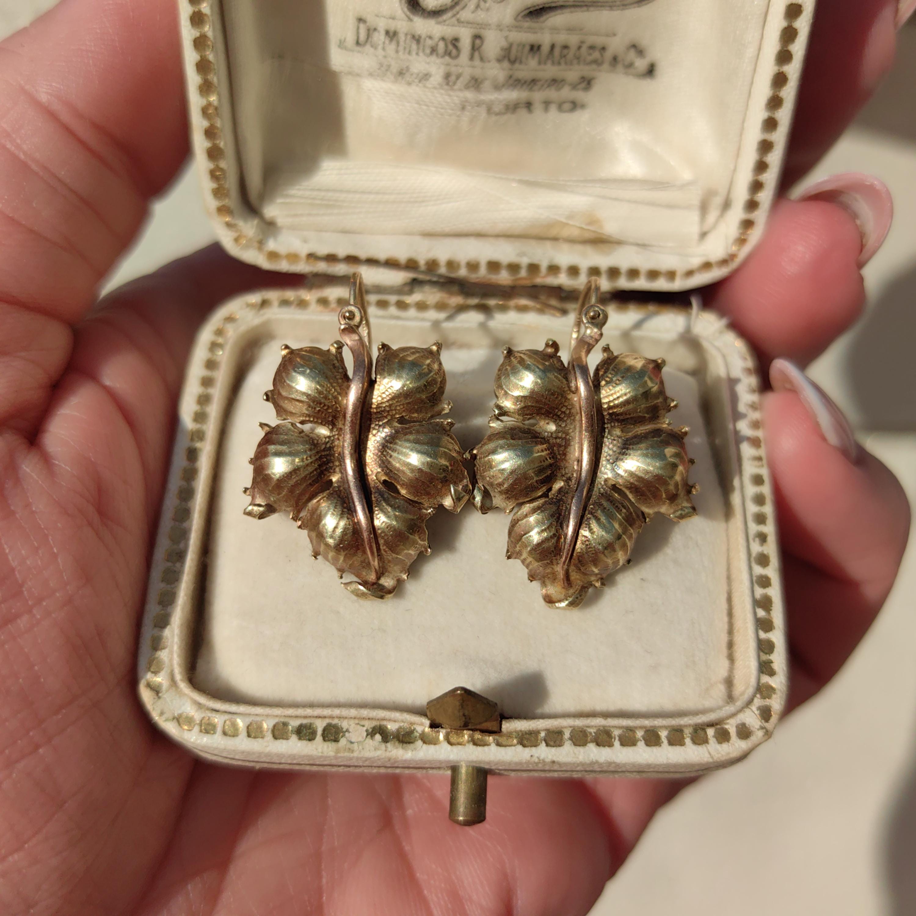 Antique 1870s Floral Leaf Earrings: 14k Yellow-Rose Gold Dormeuses