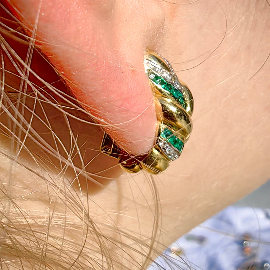 Mid Century 18k Yellow Gold Braided Knot Earrings 0.32ct Emeralds 0.80ct Diamonds 9.2g Vintage Statement Jewelry Gift for Her Omega closure.