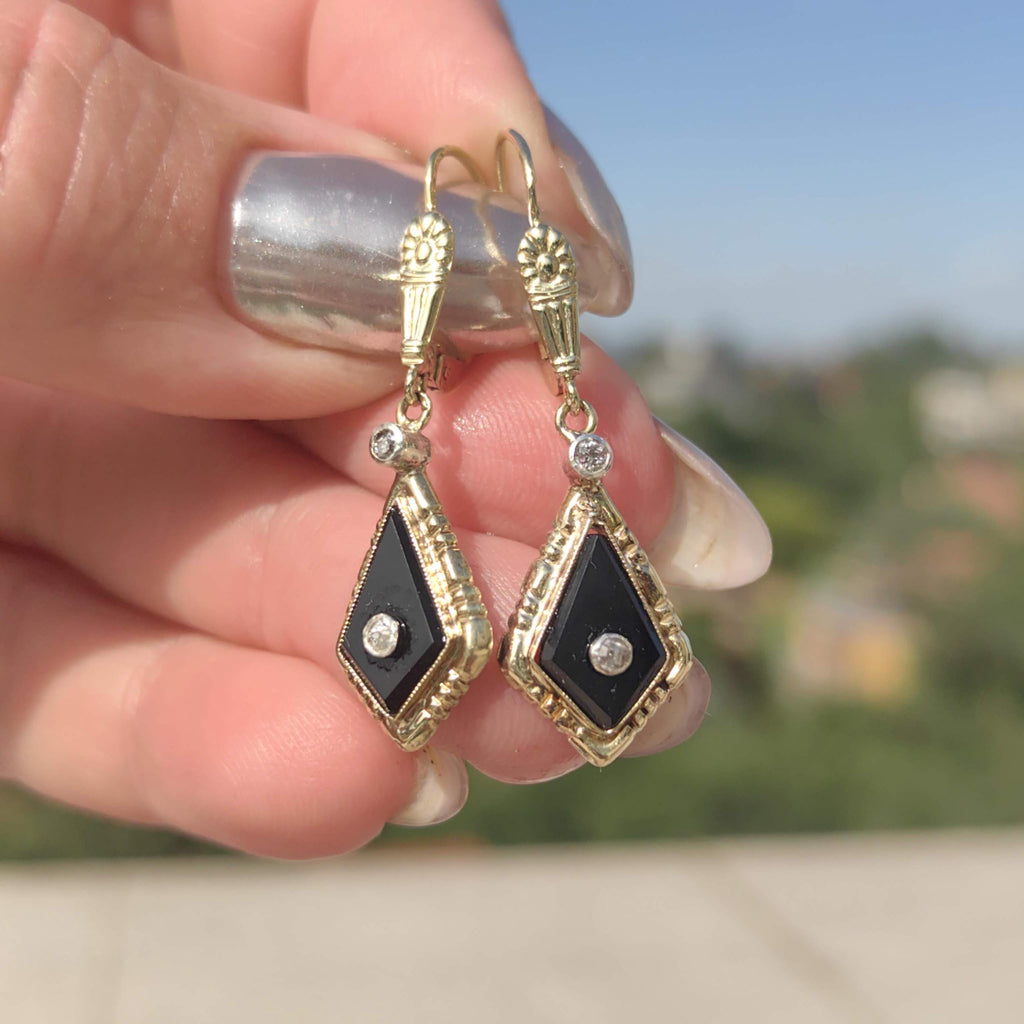 1920s Art Deco Onyx Diamond Dangle Earrings, 14k Gold Old European Cut Hallmarked Antique