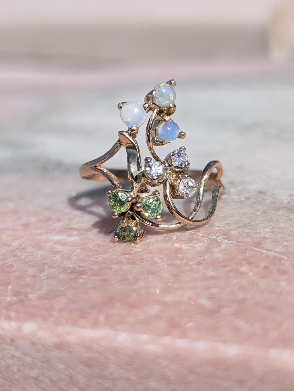 Art Nouveau 1900s Diamond Demantoid Opal Ring, 18k Yellow Gold Floral Vintage Engagement Ring, 1950s Heirloom Fine Jewelry Gift US 8.5