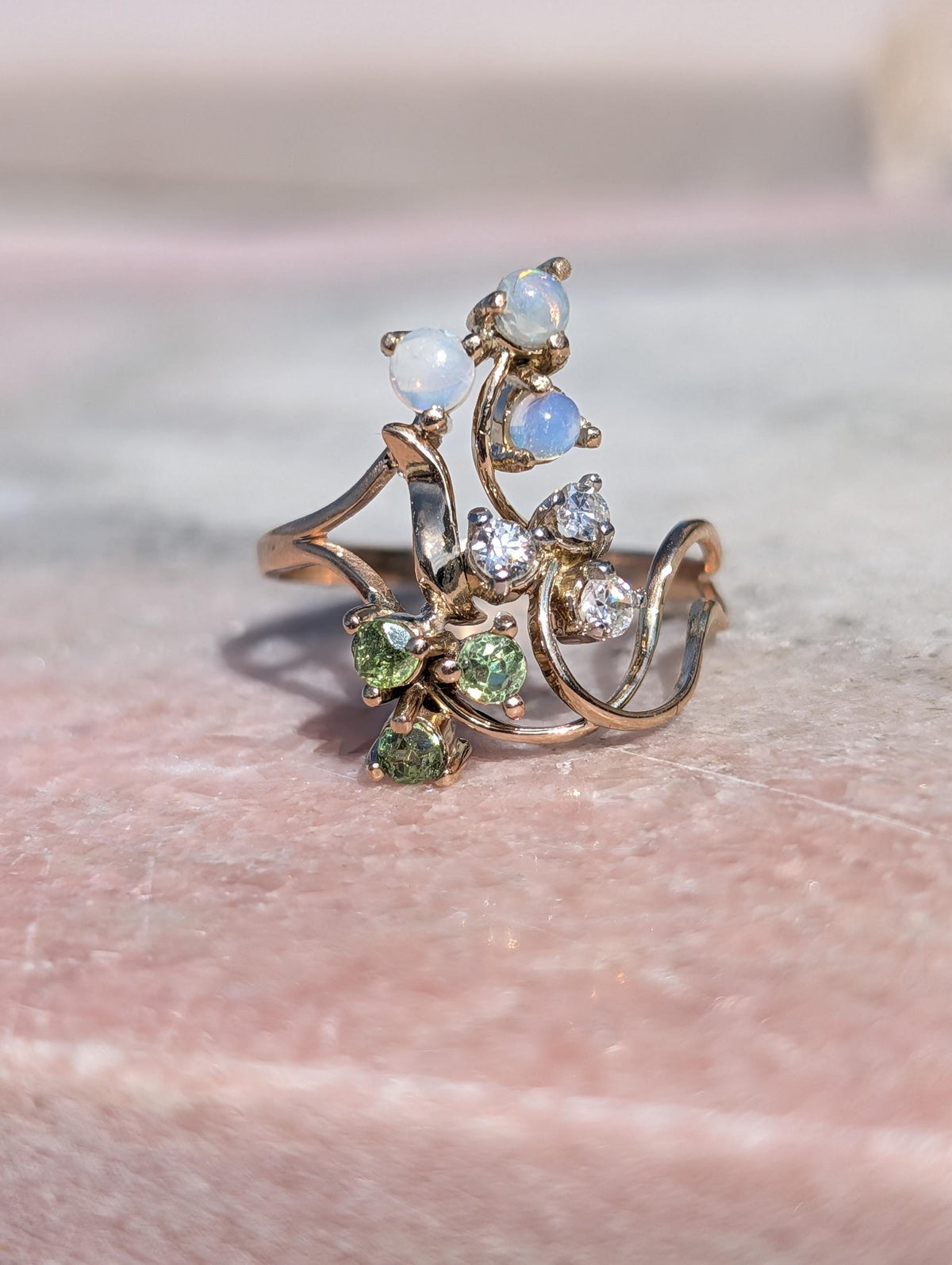Art Nouveau 1900s Diamond Demantoid Opal Ring, 18k Yellow Gold Floral Vintage Engagement Ring, 1950s Heirloom Fine Jewelry Gift US 8.5