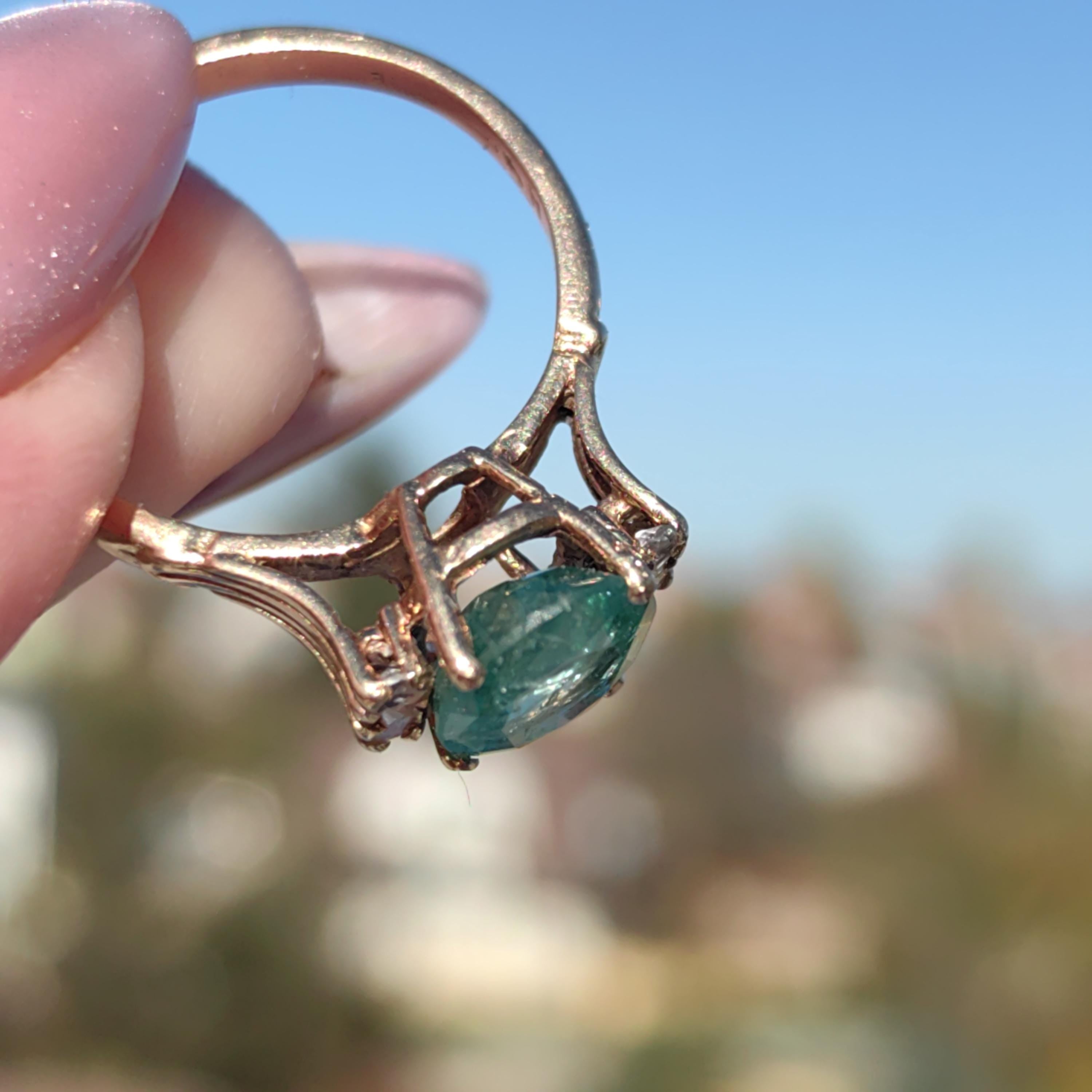 Vintage Mid Century Green Natural Emerald Oval Diamond Solid 14k Yellow Gold Antique Engagement Ring Dainty Stackable Band Gift for Her