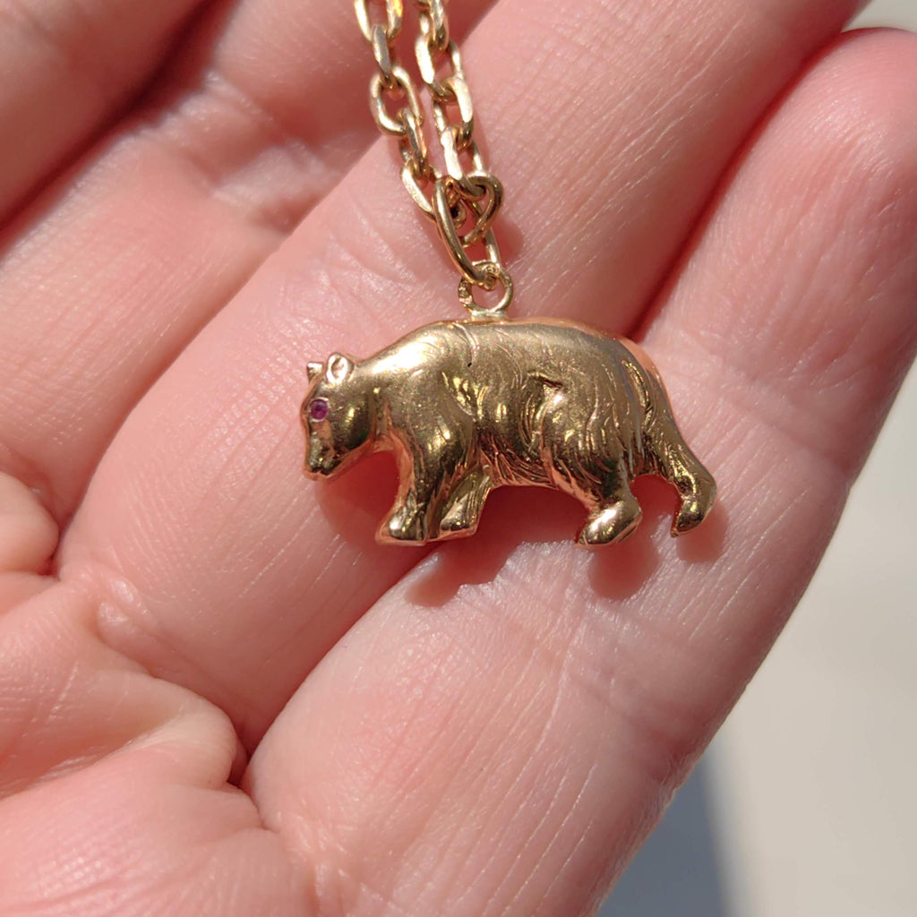 Vintage 18K Gold Bear Charm: Genuine Ruby Eyes
