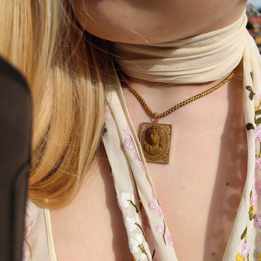 Antique Hand Carved Lava Cameo Pendant: 14k Solid Gold Framed Relief