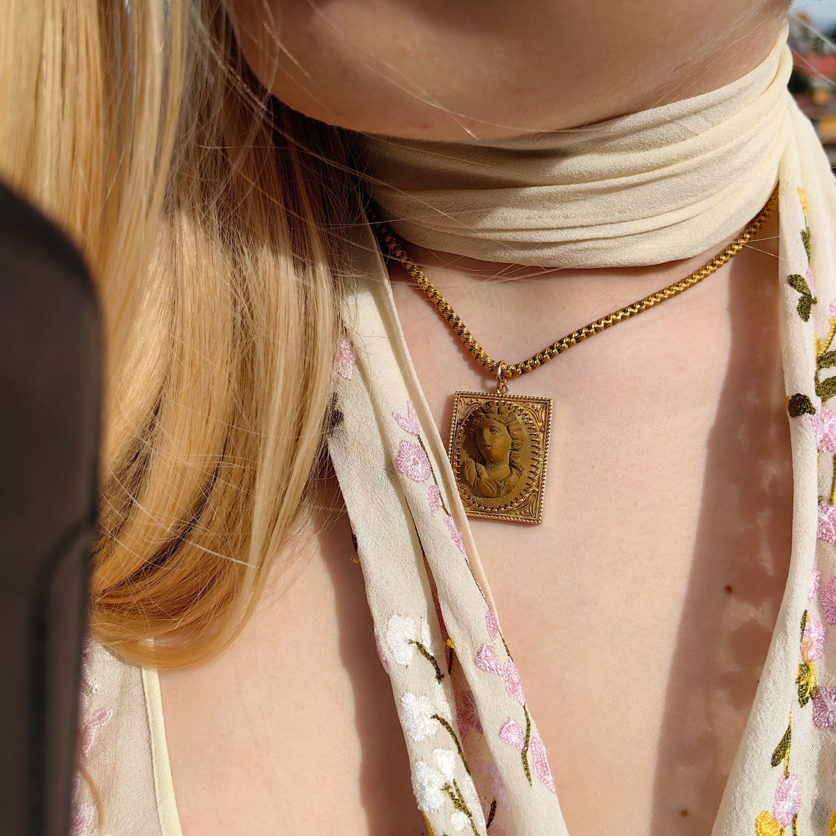 Antique Hand Carved Lava Cameo Pendant: 14k Solid Gold Framed Relief