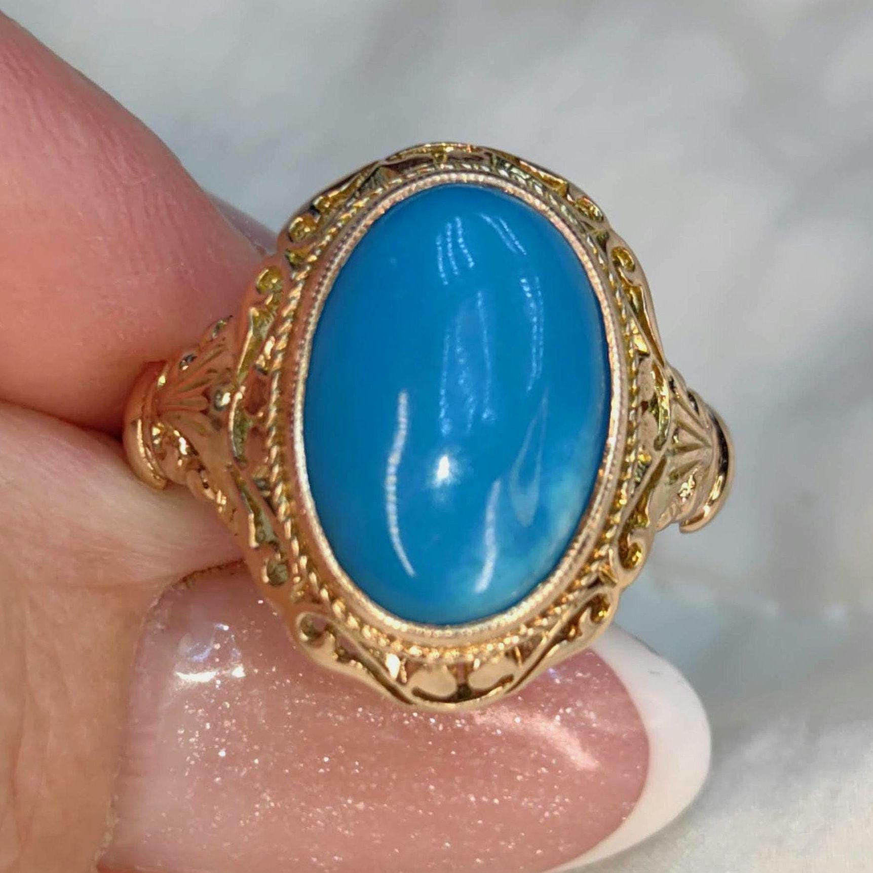 Vintage 14k Solid Yellow Gold Natural Blue Turquoise Ring, Antique 1930s Hand Chiseled Statement Jewelry Gift for Her