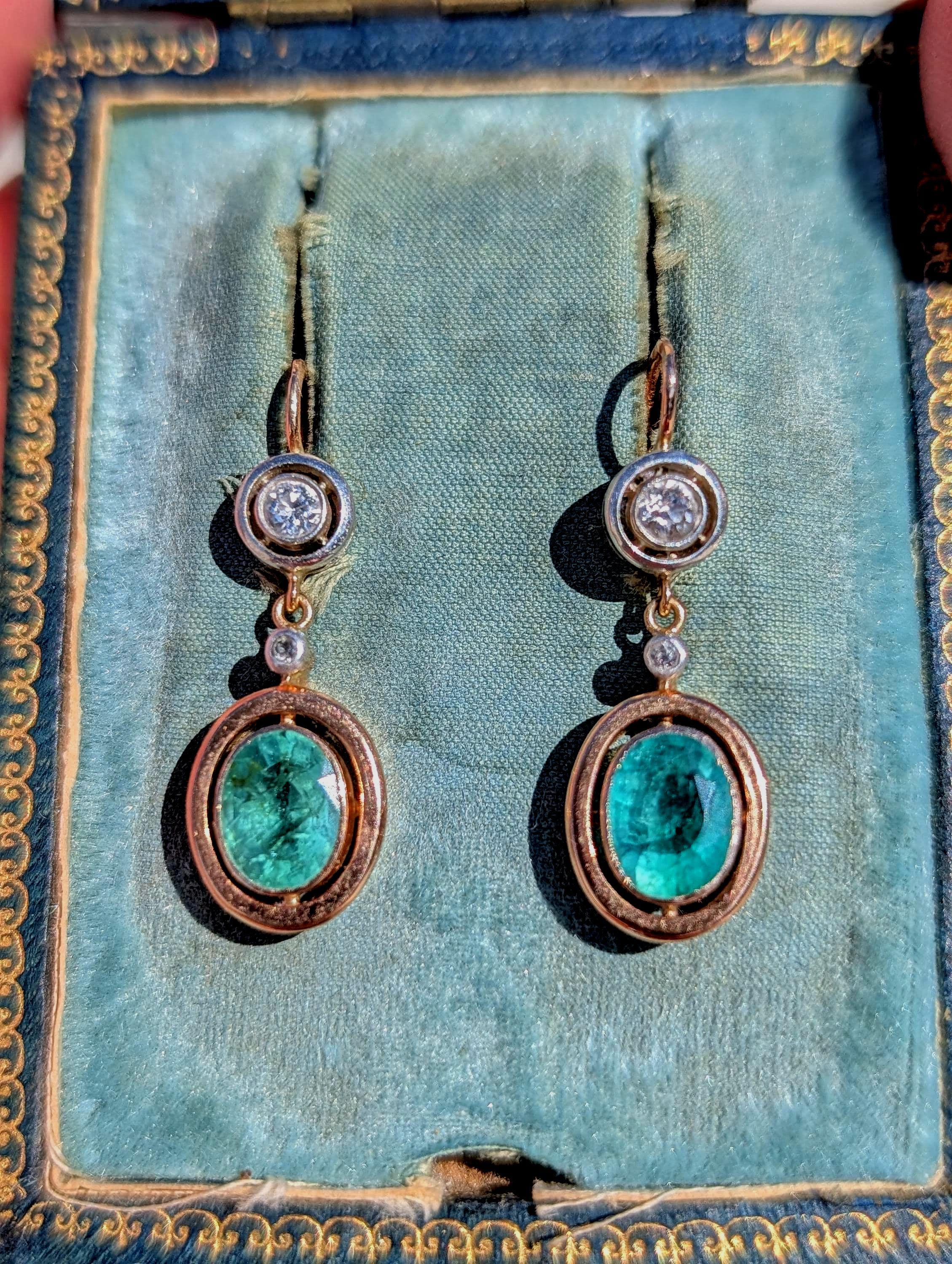 1920s Antique Emerald Diamond Dangle Drop Earrings, 14k Yellow Gold Heirloom Jewelry