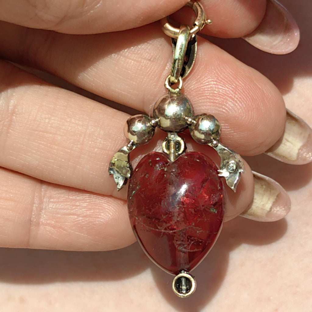 Victorian Red Rubellite Tourmaline Rose Diamond Heart Gothic Pendant 14k Solid Gold Silver Setting Charm Gift Present