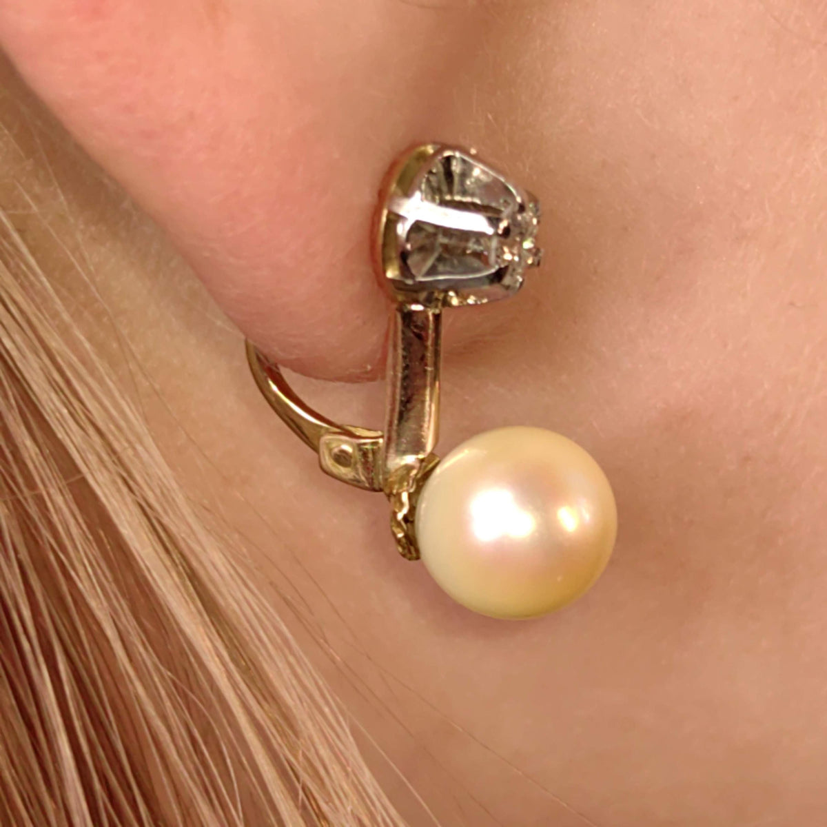 Natural Pearl and Diamond Solid 18k Solid Yellow Gold, Handmade Antique 1940s Elegant Earrings Gift for Her Present