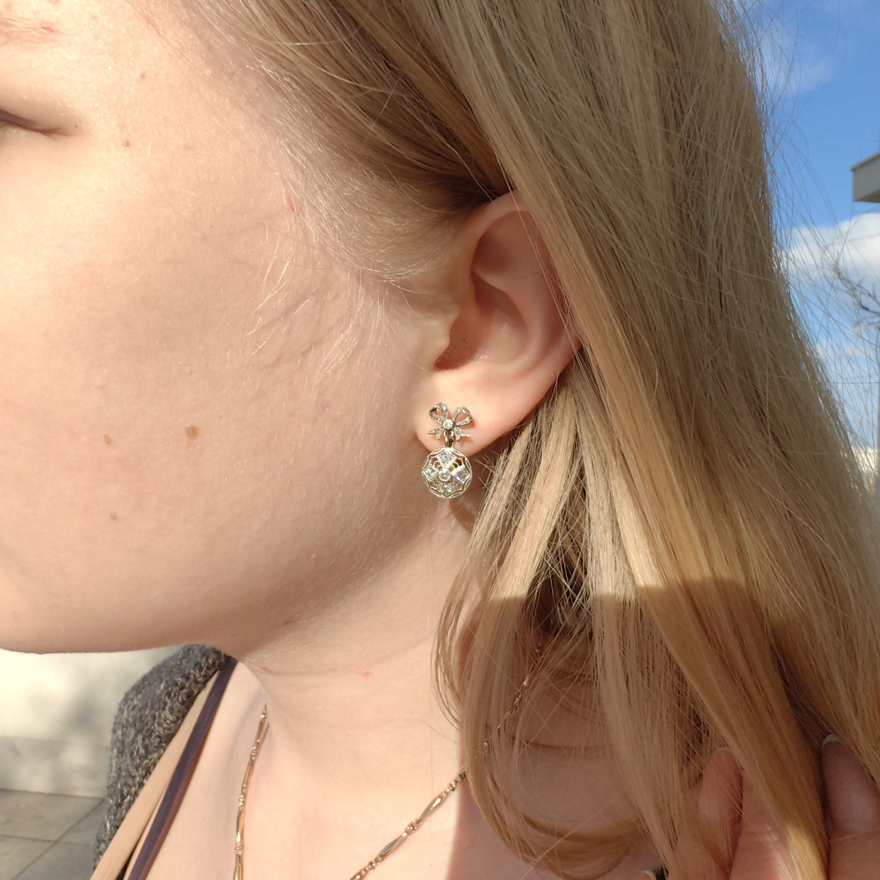 Art Deco Diamond Bow Earrings: 18k Gold Dangle Earrings, 1920s Vintage Style