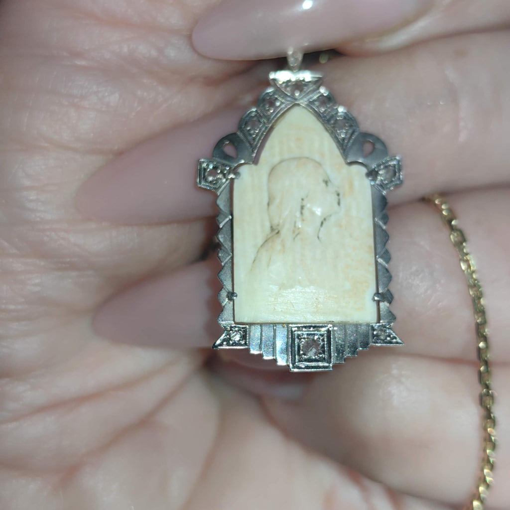 Vintage 1930s Diamond Bone Hand Carved Cameo Pendant 18k Gold & Platinum Bone Portrait Medal Antique Present