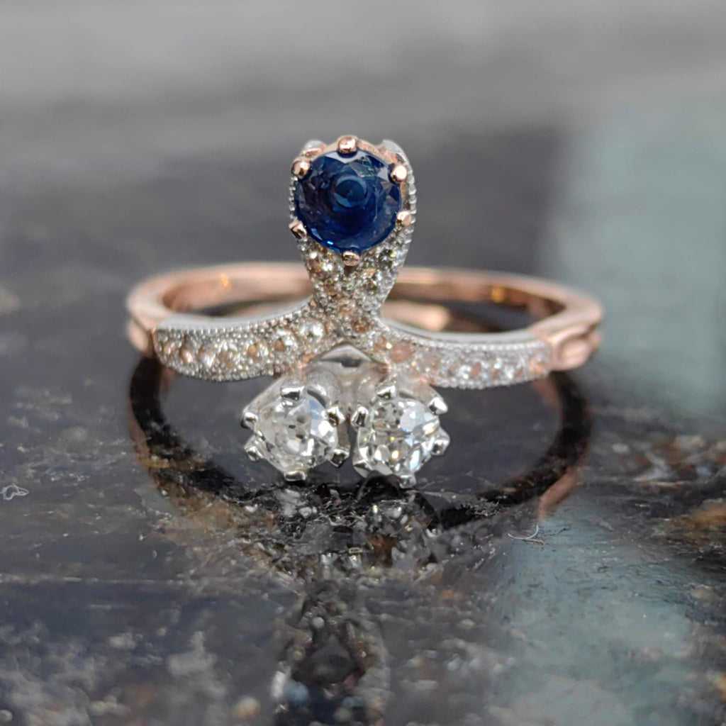 Art Nouveau Sapphire Diamond Ring: 14k Gold Floral Design