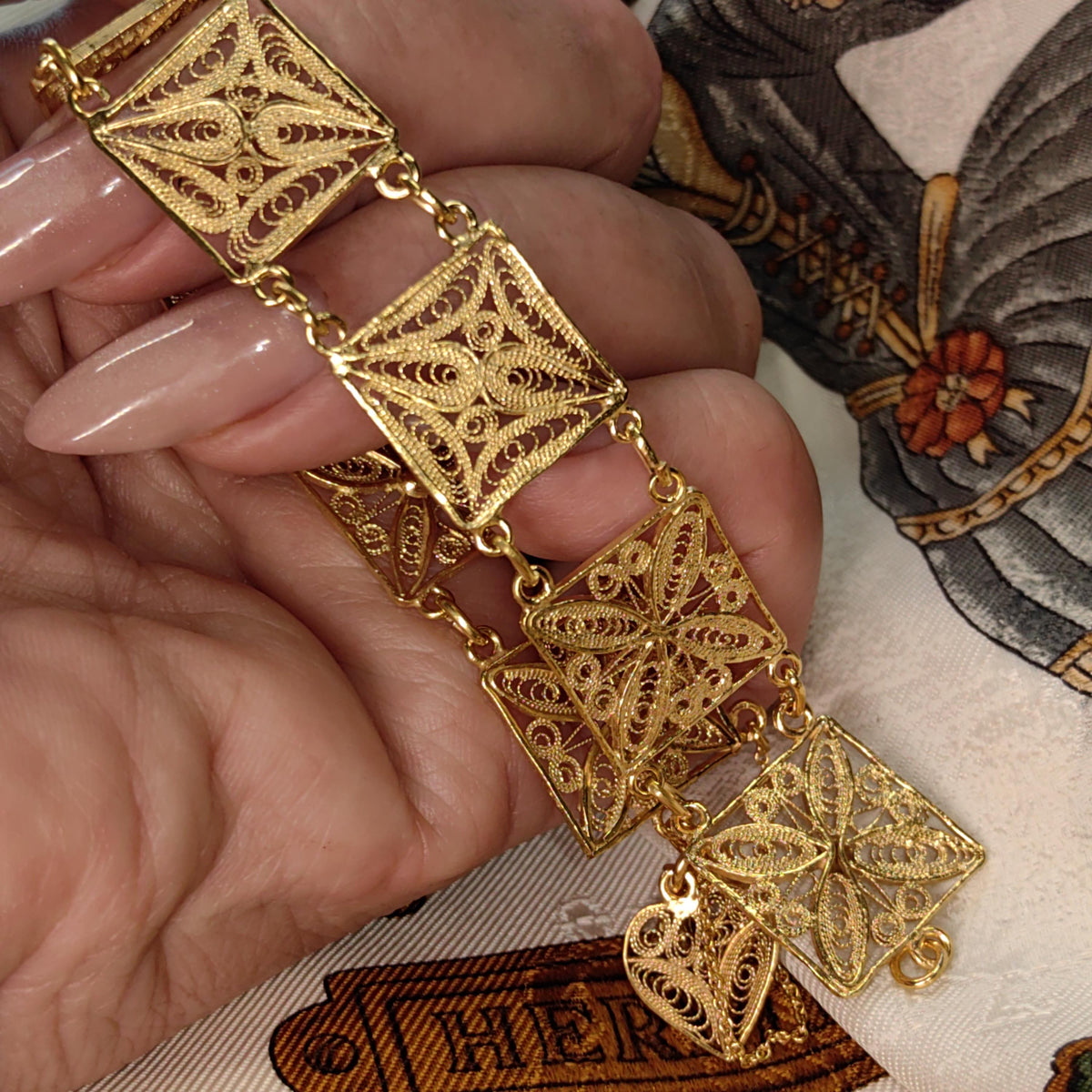 1940s s Antique Vintage 24k Gold Plated Hallmarked 925 Sterling Silver Handmade Filigree Chain Square link Bracelet gift for her wife girl