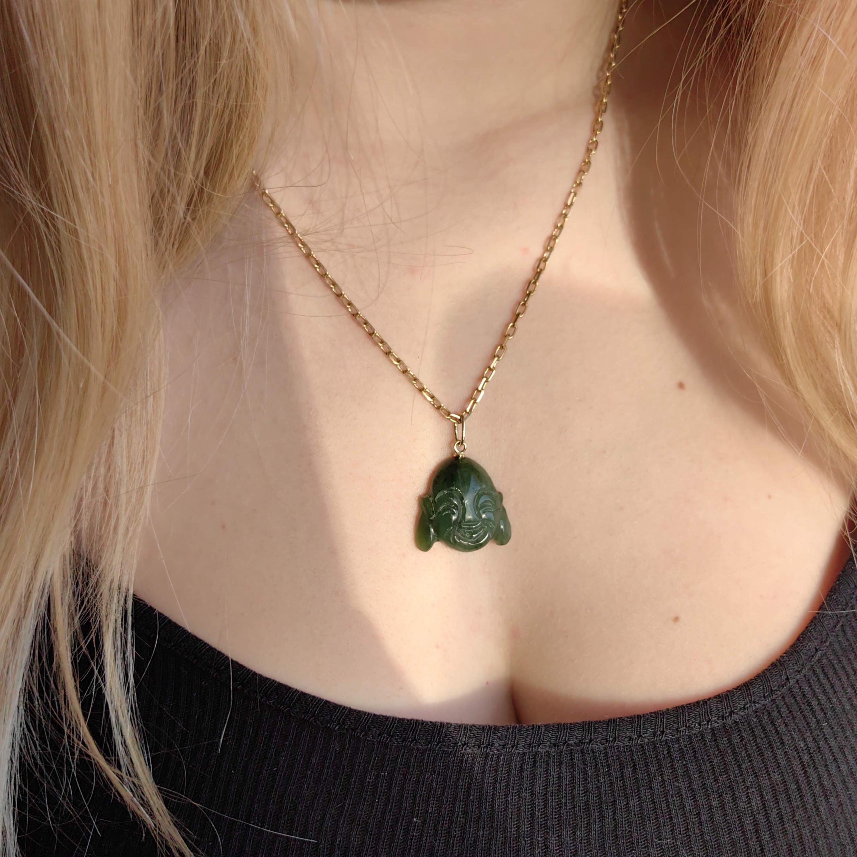 Hand Carved Natural Green Jade Buddha Buddhist Necklace Pendant 14k Solid Yellow  Gold Oriental Religious Spiritual Buddhist Charm Gift