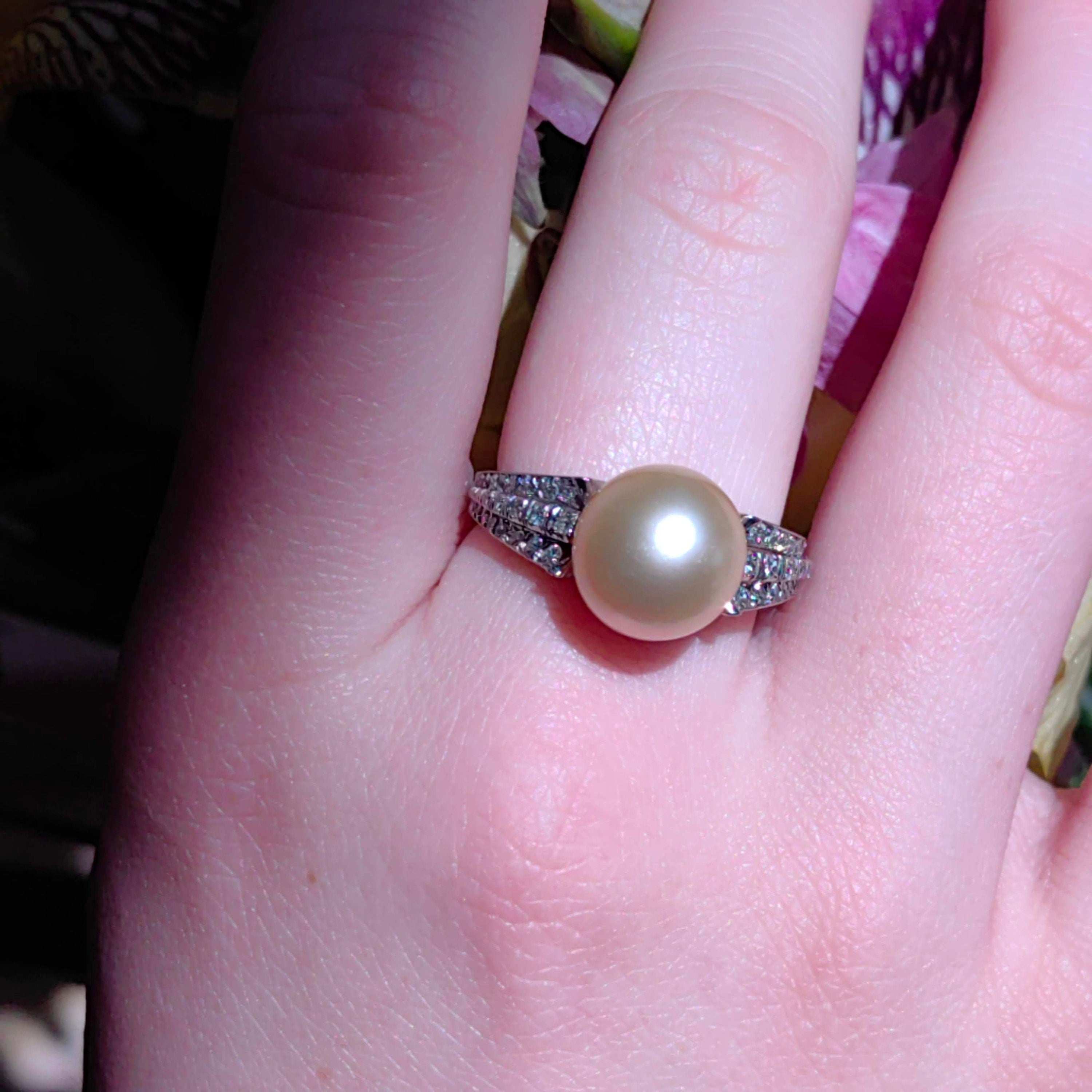 Vintage 1940s Platinum Ring: Natural Pearl & Diamond Accent