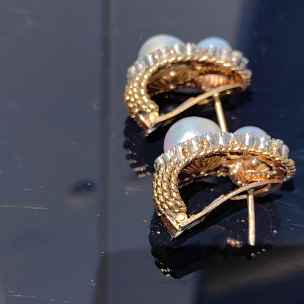 Art Deco 18k Solid Yellow Gold Natural Gray Sea Pearl Diamond Earrings 1930s Vintage Omega Closures Statement Earrings Gift for Her