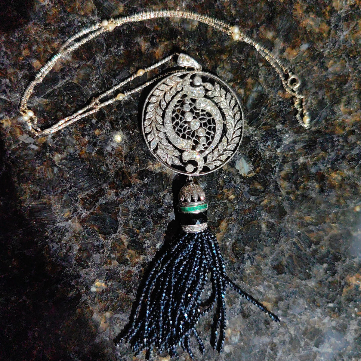 Art Deco Diamond Emerald Onyx Pendant Necklace: 14k Gold Pearl Chain