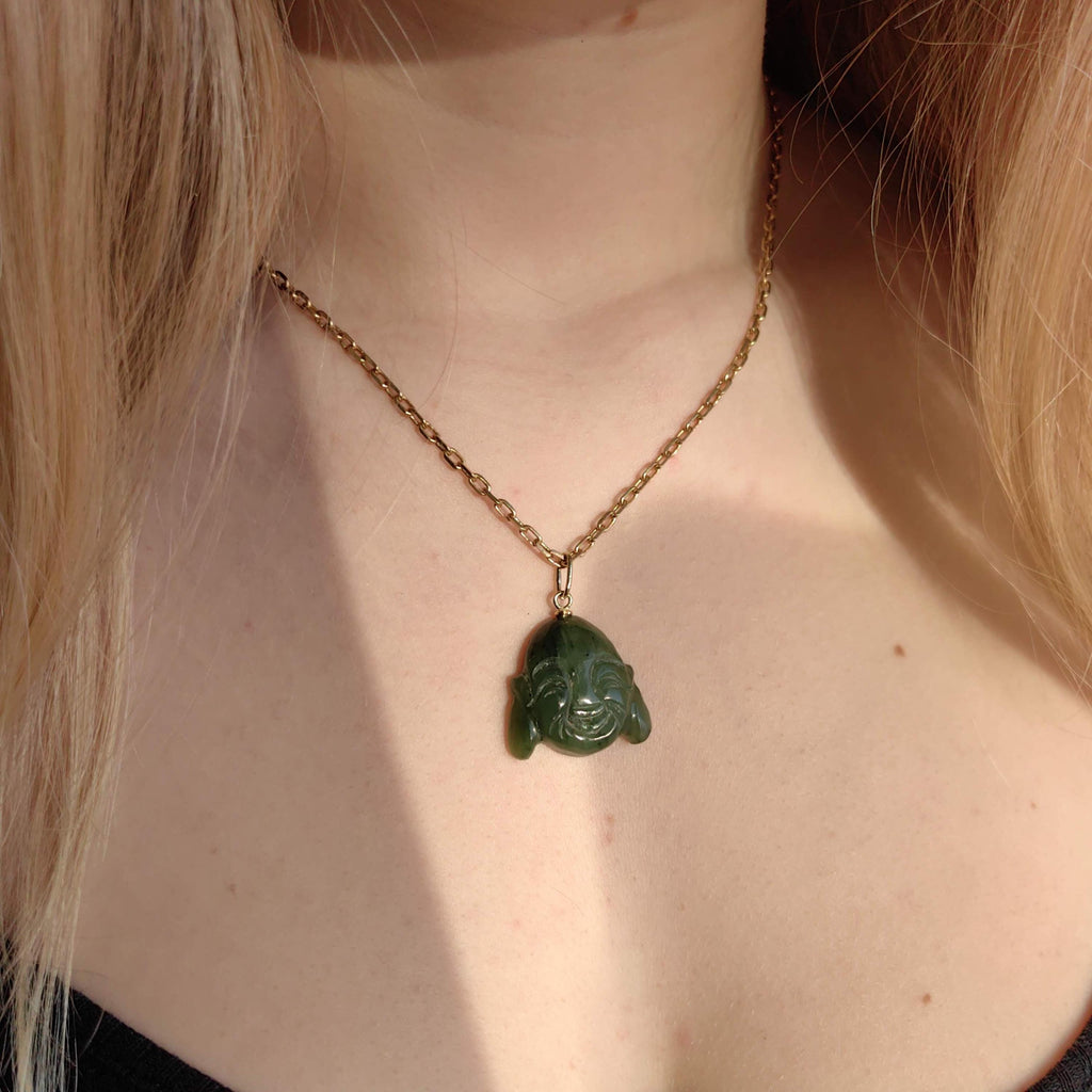 Hand Carved Natural Green Jade Buddha Buddhist Necklace Pendant 14k Solid Yellow  Gold Oriental Religious Spiritual Buddhist Charm Gift