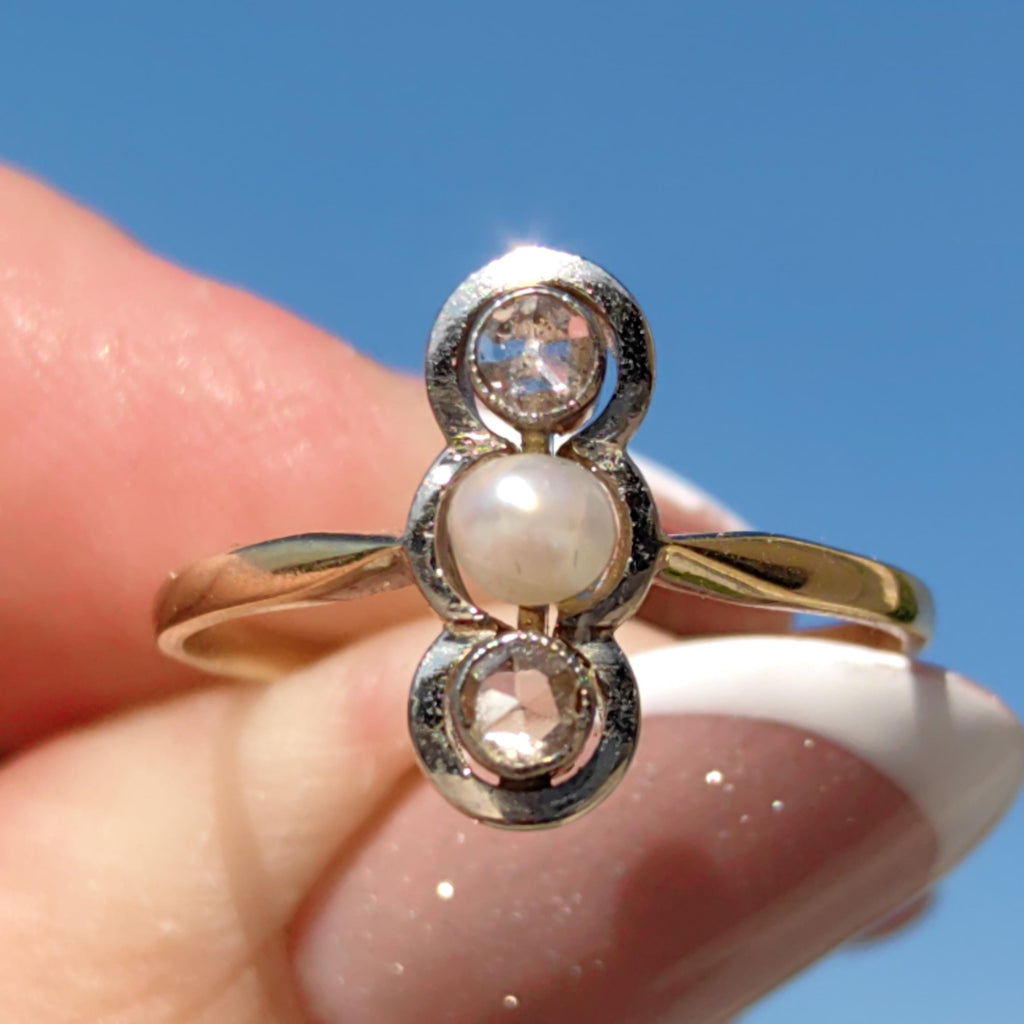 Art Nouveau Pearl Engagement Ring: Diamond 18k Gold Antique Three-Stone