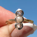Art Nouveau Pearl Engagement Ring: Diamond 18k Gold Antique Three-Stone