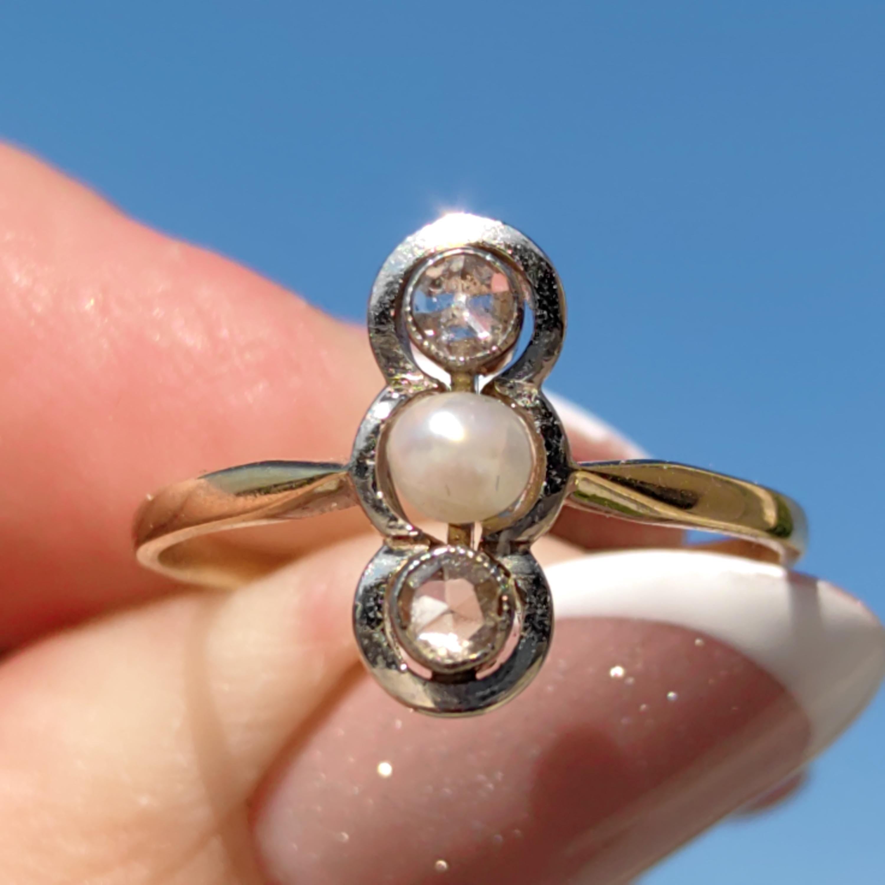 Art Nouveau Pearl Engagement Ring: Diamond 18k Gold Antique Three-Stone
