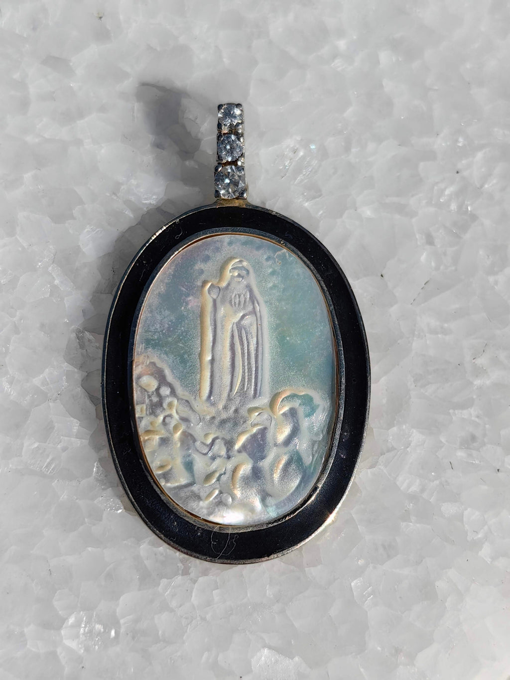 Art Deco 1920s 14k Solid Yellow Gold Jesus Pendant Natural Diamond, Mother of Pearl & Onyx Handmade Gift for her Present
