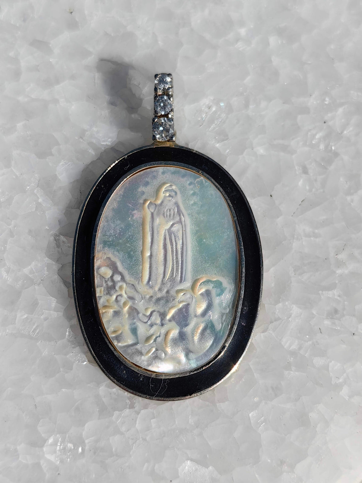 Art Deco 1920s 14k Solid Yellow Gold Jesus Pendant Natural Diamond, Mother of Pearl & Onyx Handmade Gift for her Present