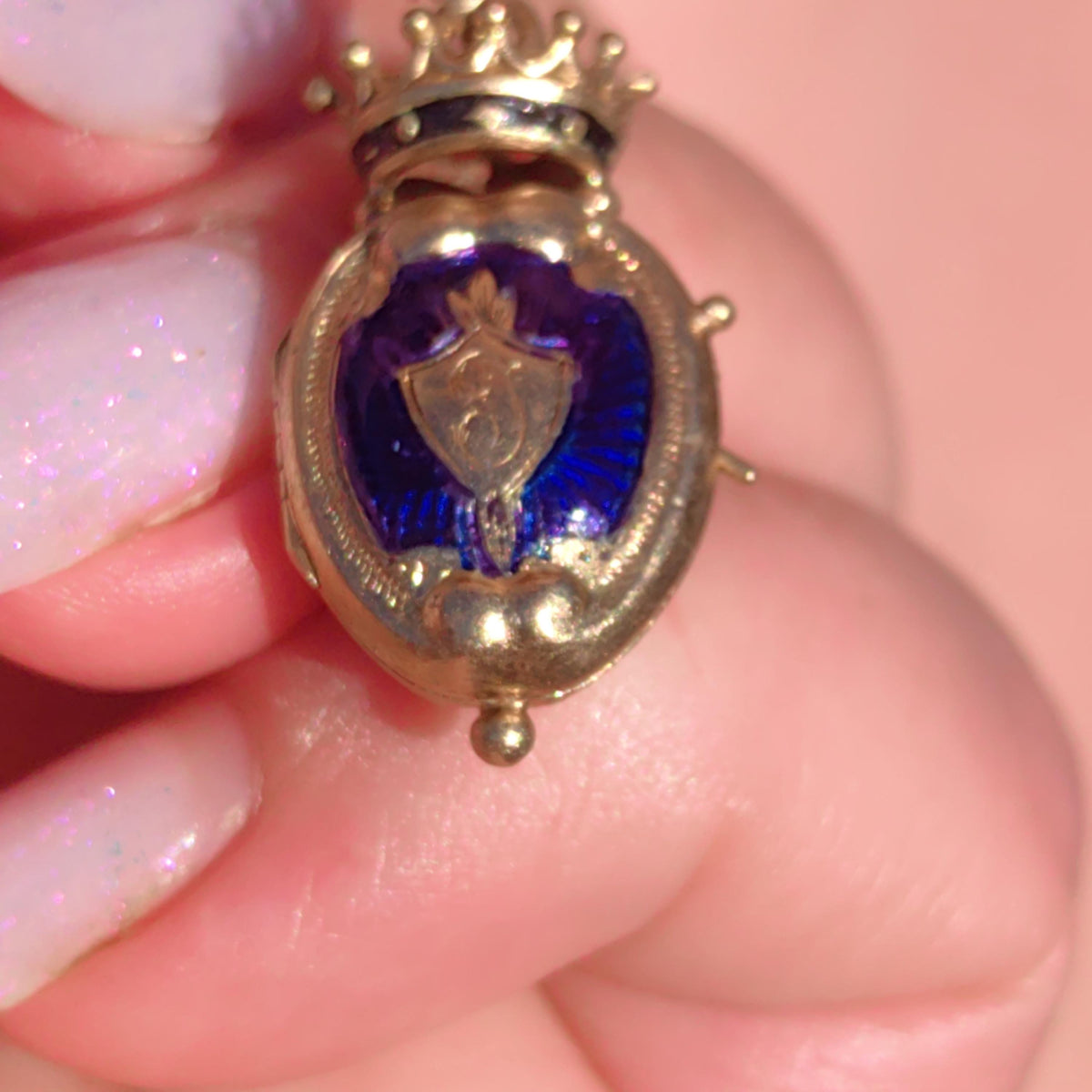 Victorian 18k Gold Blue Enamel Crown Locket Pendant: Hand Painted Antique