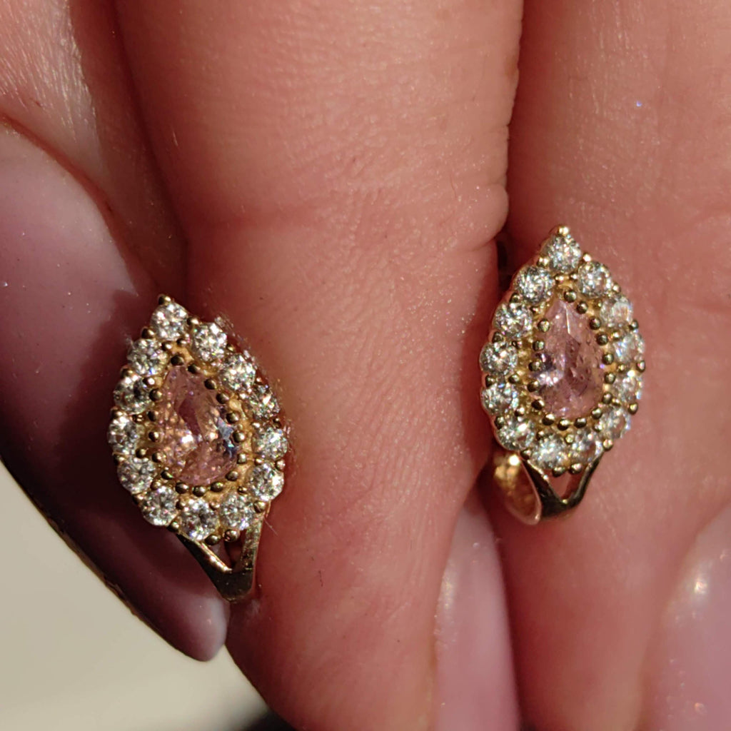 Vintage Solid Yellow Gold cubic zirconia Pink Stone Drop Floral cluster omega closure Earrings Gift for Her