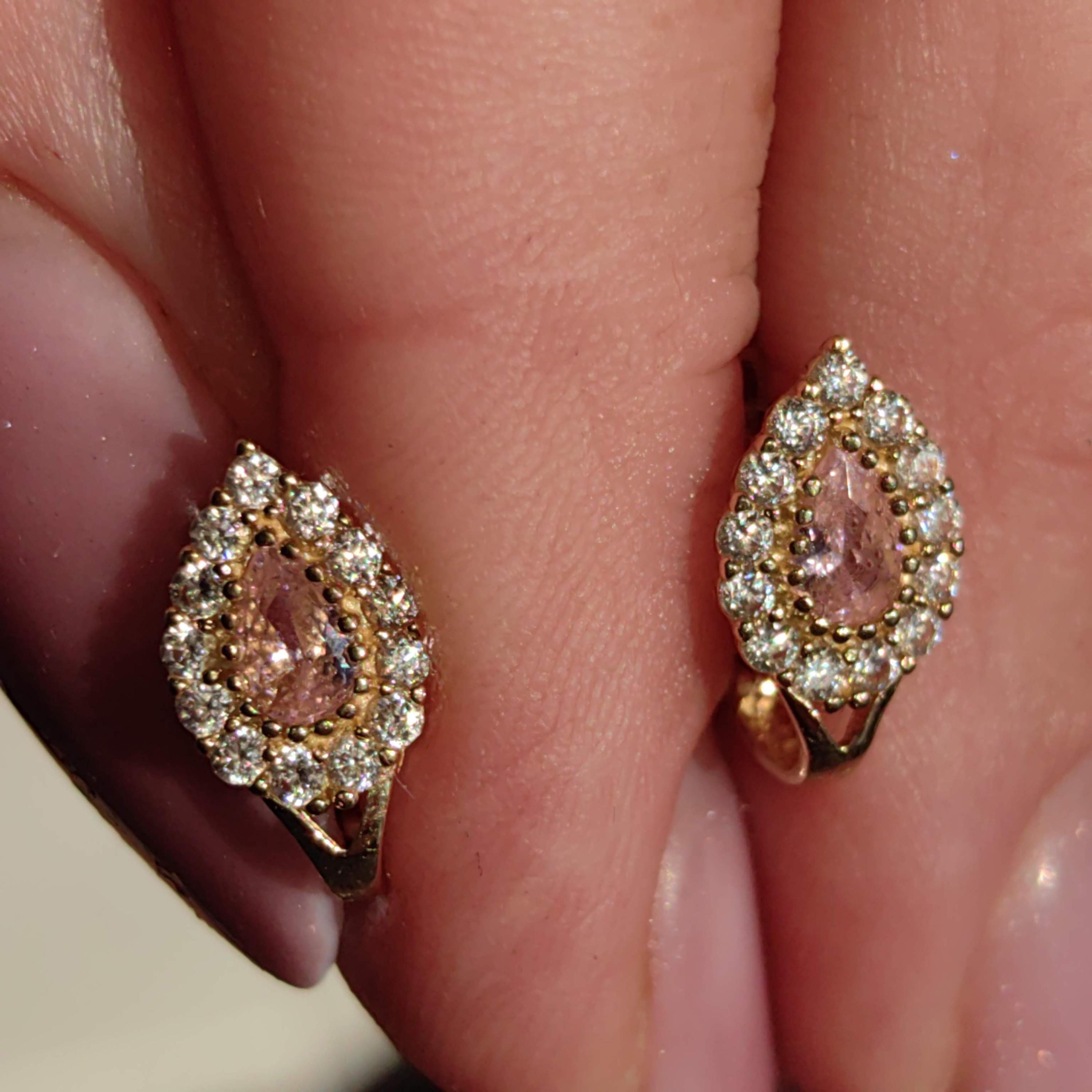 Vintage Solid Yellow Gold cubic zirconia Pink Stone Drop Floral cluster omega closure Earrings Gift for Her