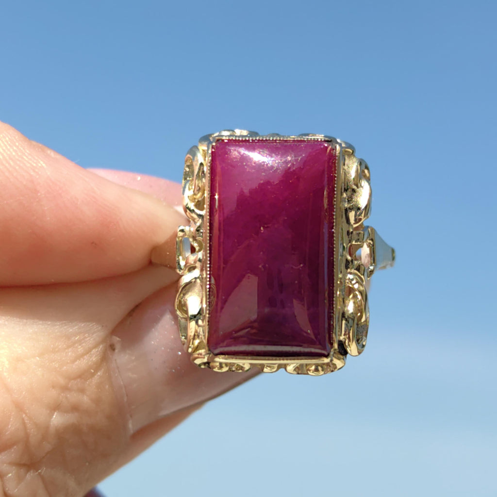 Vintage Art Deco Natural Opaque Red Ruby Elegant Rectangle Emerald Cut Ring 14k Solid Yellow Gold Geometric Statement Ring Gift Present