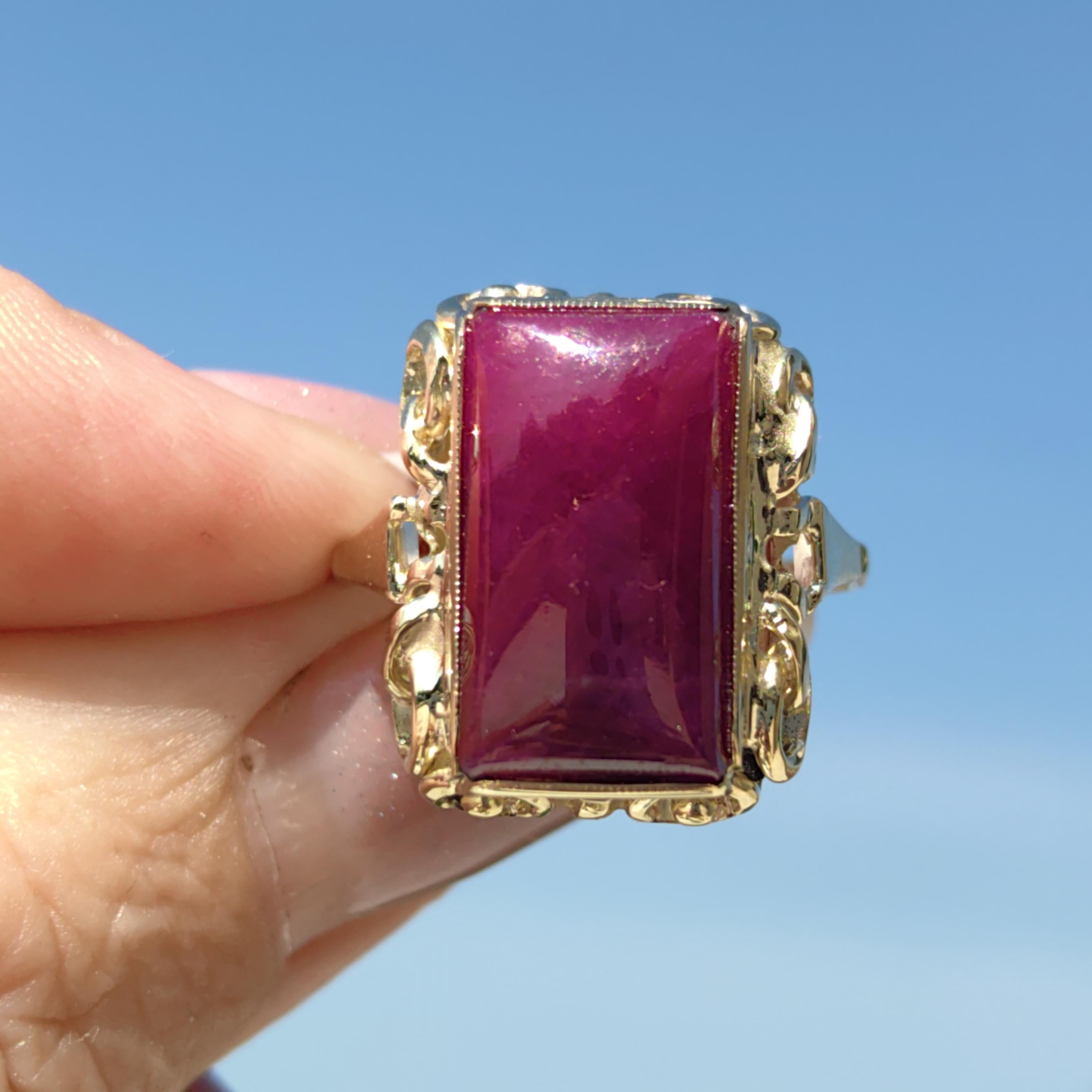 Vintage Art Deco Natural Opaque Red Ruby Elegant Rectangle Emerald Cut Ring 14k Solid Yellow Gold Geometric Statement Ring Gift Present