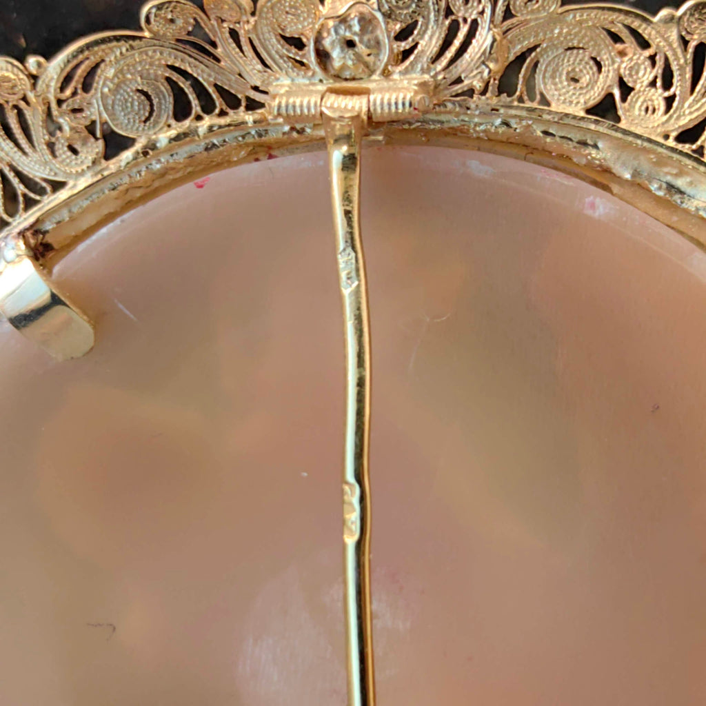 Antique 1830s Empire Shell Cameo Brooch Pendant: 14k Yellow Gold Filigree