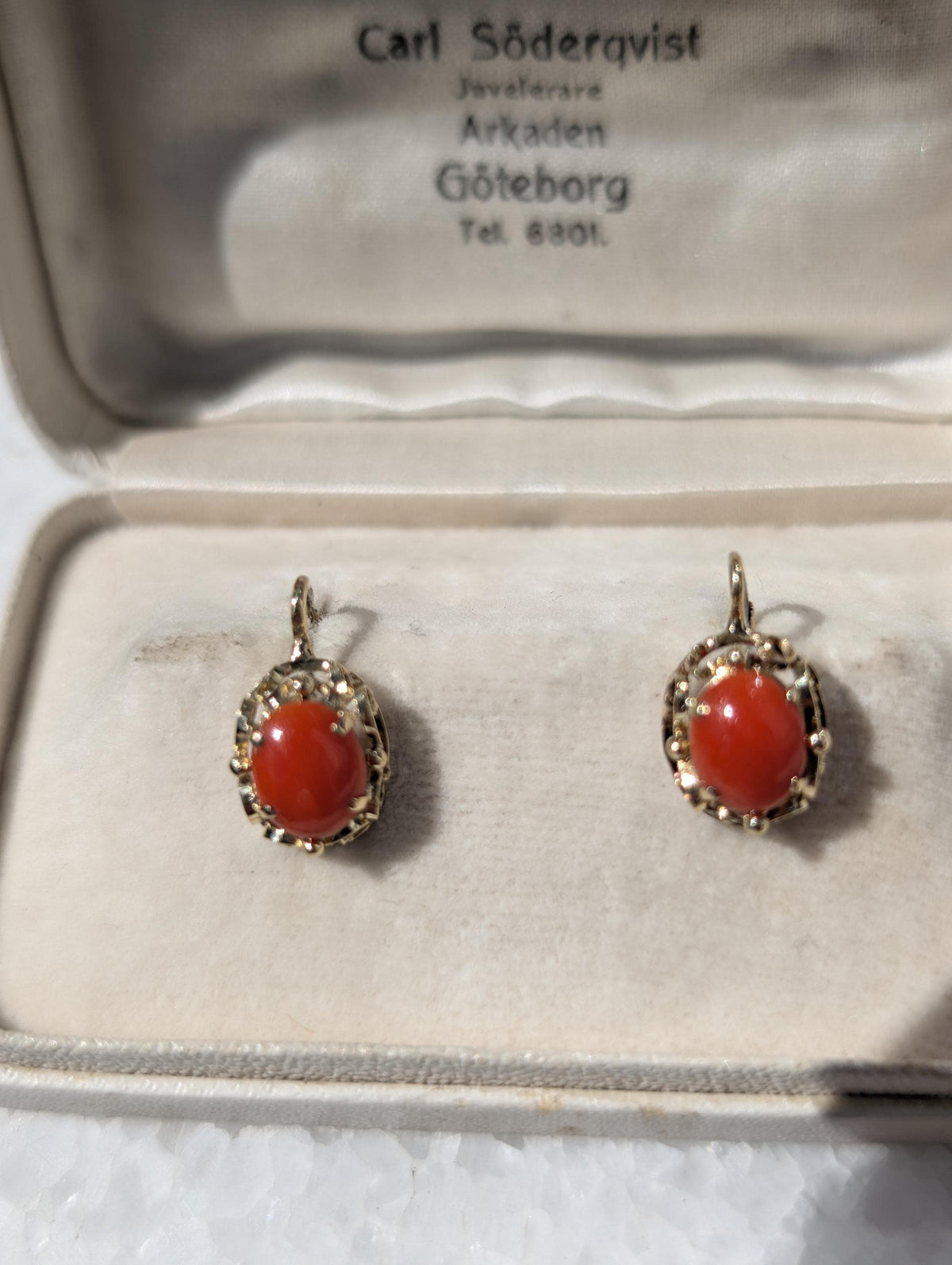 Victorian 1900s 14k Yellow Gold Coral Sleeper Earrings, Antique Oval Red Coral Lever Back Earrings, 9x15mm Art Nouveau US Duty Free HTS 9706