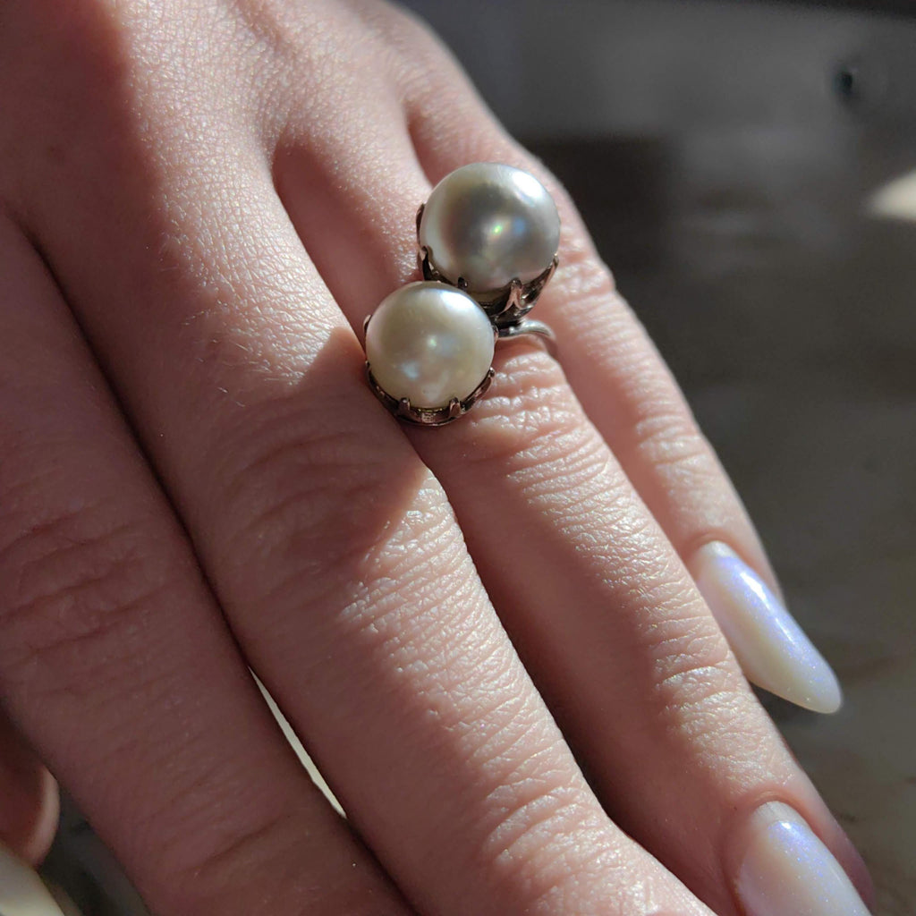 Antique Platinum Two-Tone Pearl Cocktail Ring - Size 5.5