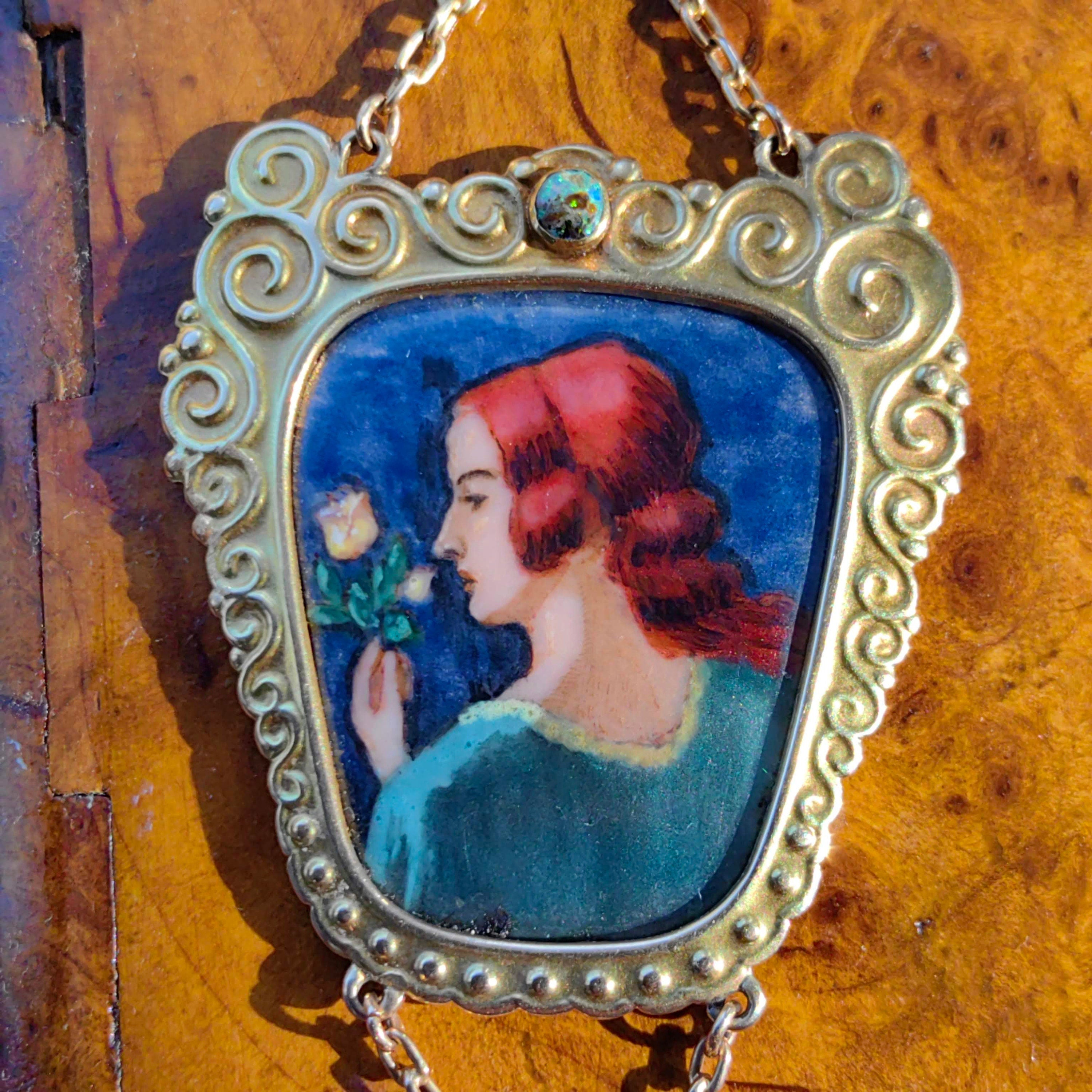 Art Nouveau Antique Vintage Gold Enamel Portrait Opal and Turquoise Pendant