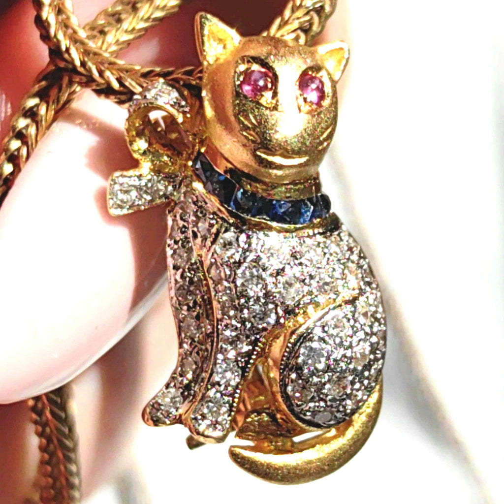 Mid-Century 18K Gold Flirty Sitting Cat Pendant with Bow Natural Diamonds Rubies Sapphires Vintage Figural Kitty Fine Jewelry Collectible