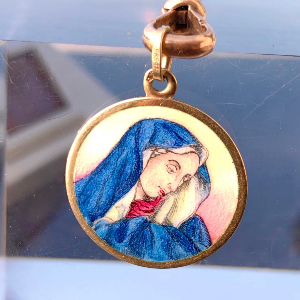 Vintage 14K Gold Virgin Mary Pendant: Hand-Painted Enamel Catholic Charm