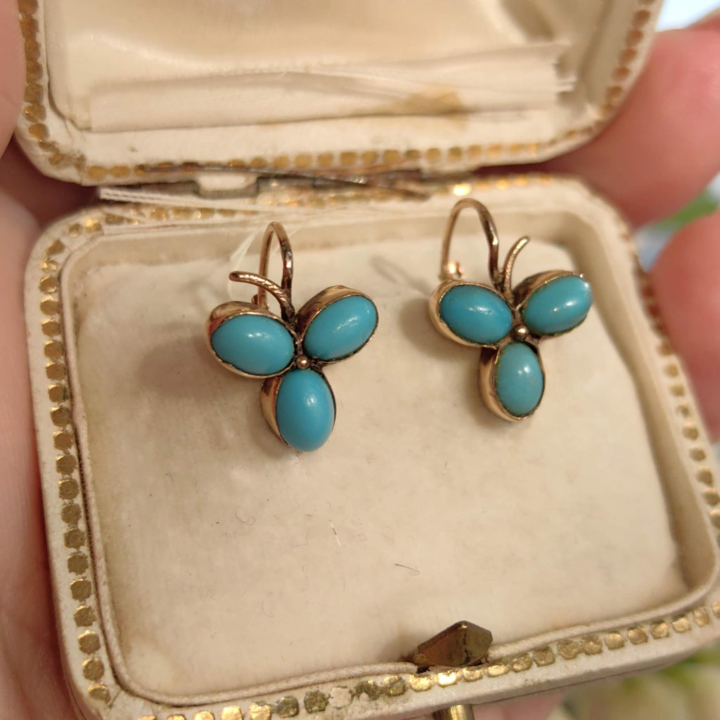 Antique 14k Gold Turquoise Earrings: Art Nouveau Trefoil Sleepers