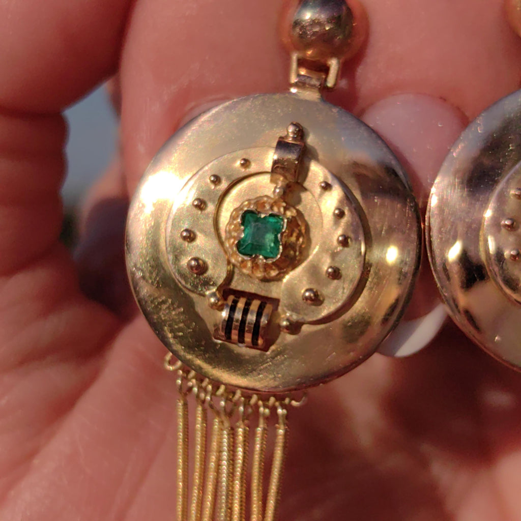 Victorian 18K Gold Emerald Dangle Earrings: Enamel Antique Jewelry