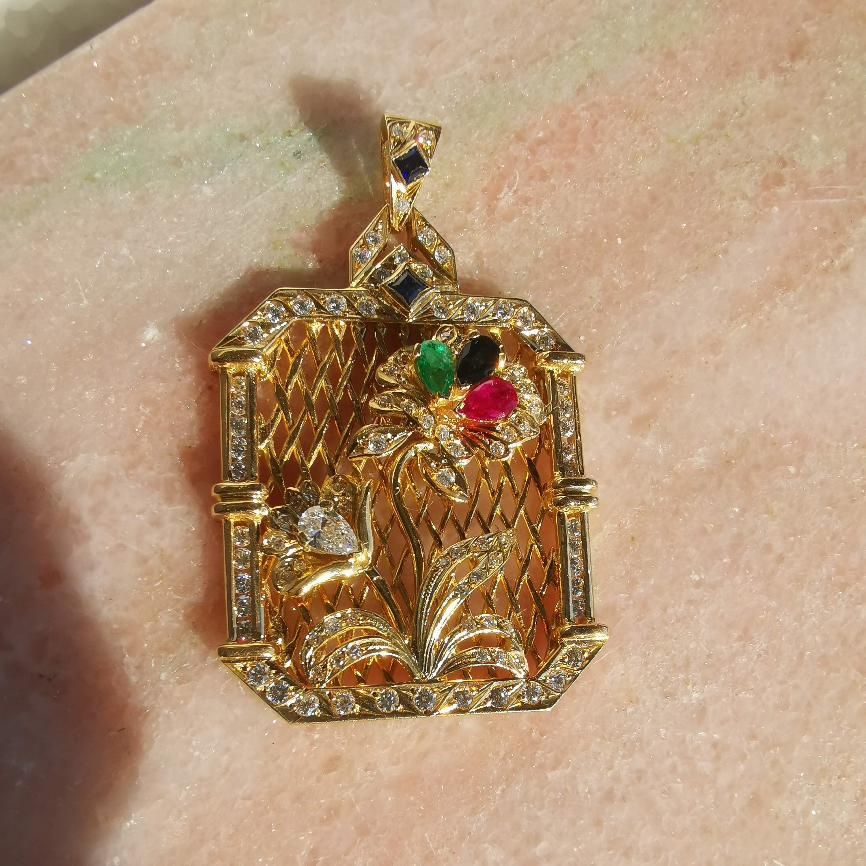 Art Deco 18k Gold Diamond Tutti Frutti Pendant: Emerald, Ruby, Sapphire
