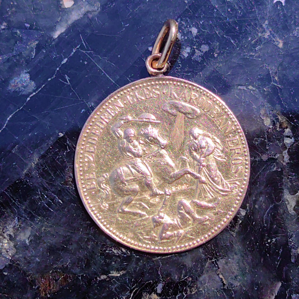 Saint George & Ladislaus 14K Gold Medal Pendant - Vintage Hungarian Coin