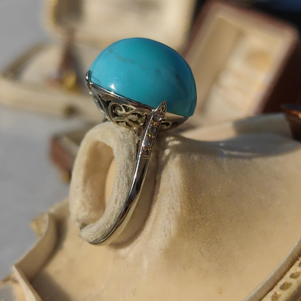 1920s Art Deco 18K White Gold Natural Blue Turquoise Diamond Ring, French Hallmark Antique Statement Engagement Jewelry