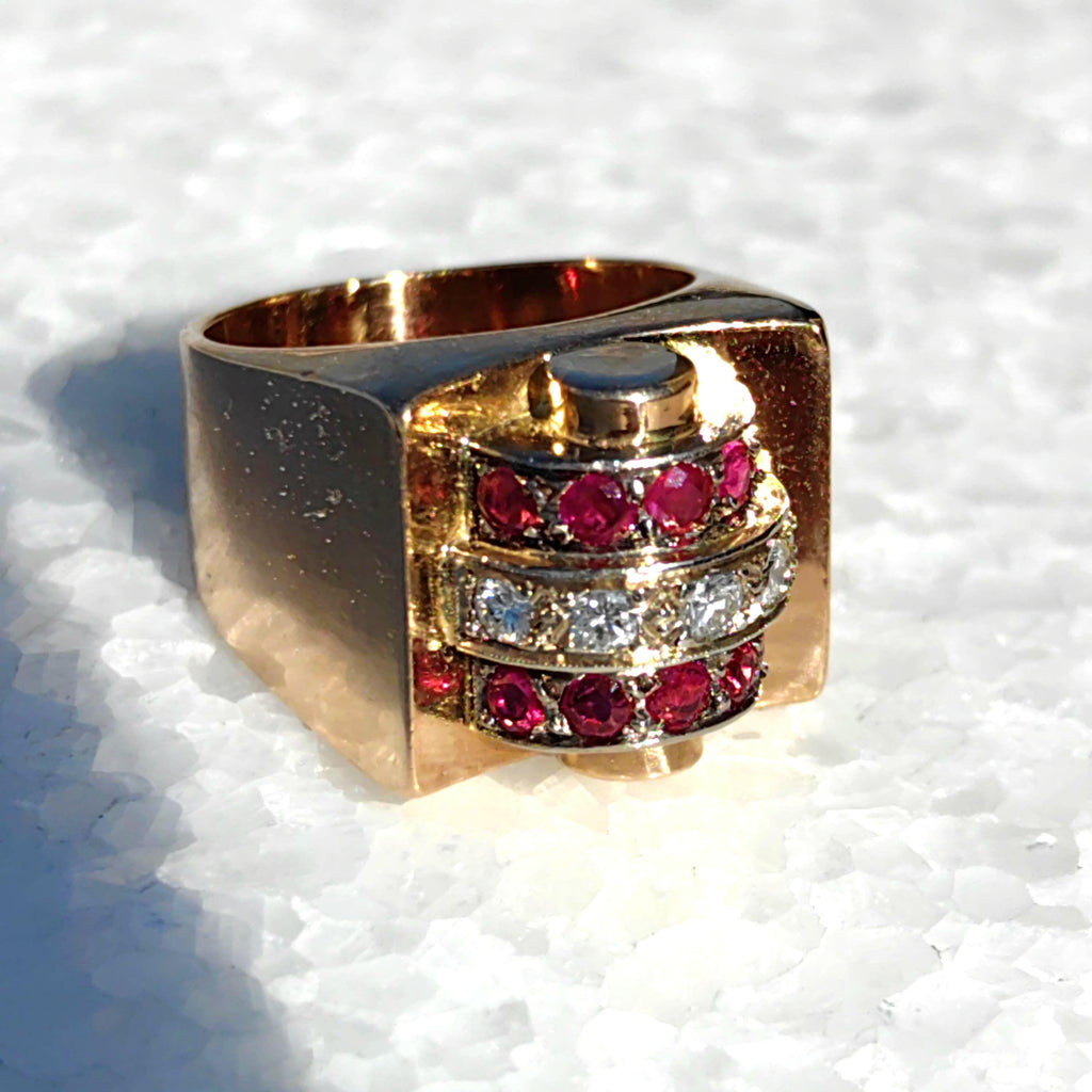 French Art Deco 18k Gold Tank Chevalier Ring: natural Ruby, Diamond Statement Jewelry 1920s luxurious stylish gift, Unisex original antique