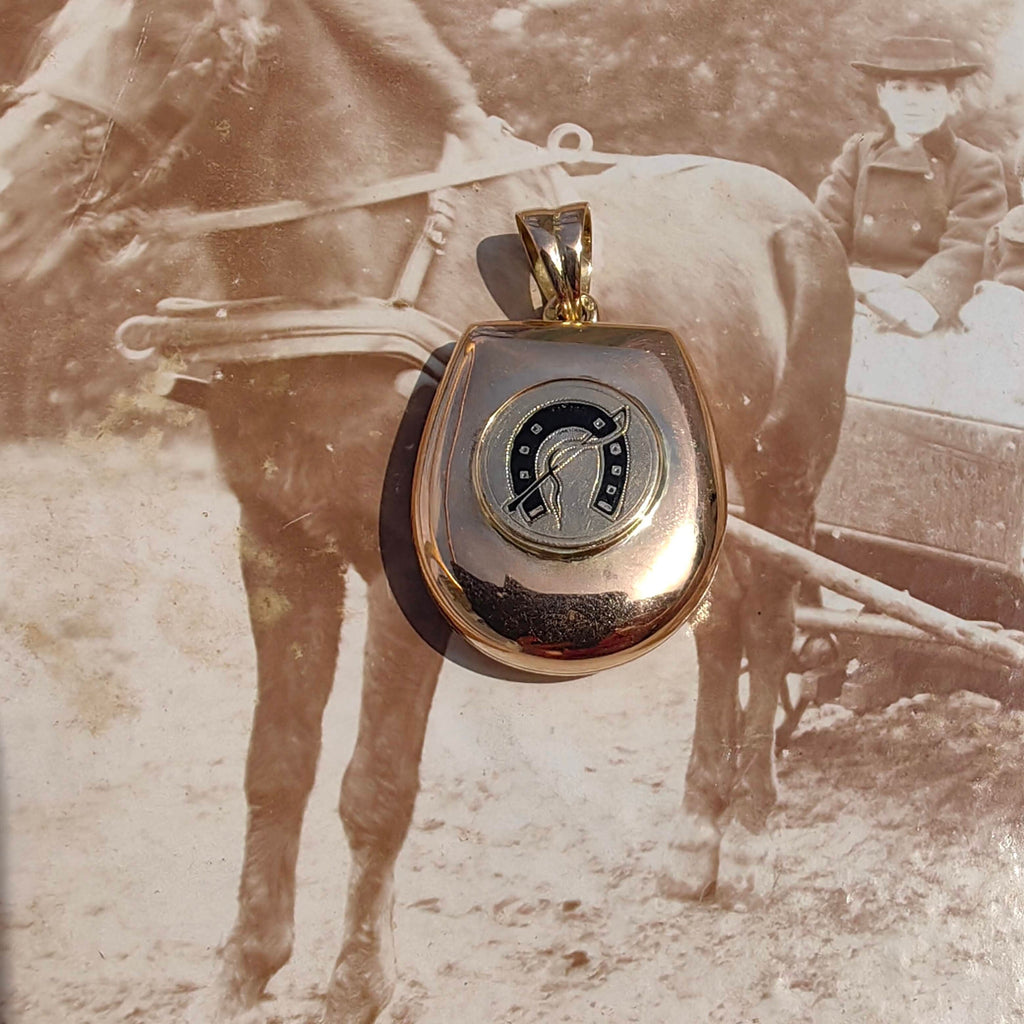 Antique 14k Gold Locket Pendant: Art Nouveau Enamel Horseshoe Design